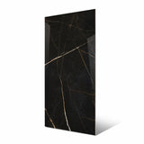 Vendome Royal large format porcelain slab angled view highlighting polished black marble finish, dramatic gold veining, and rectified edges