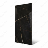 Vendome Royal large format porcelain slab angled view highlighting polished black marble finish, dramatic gold veining, and rectified edges