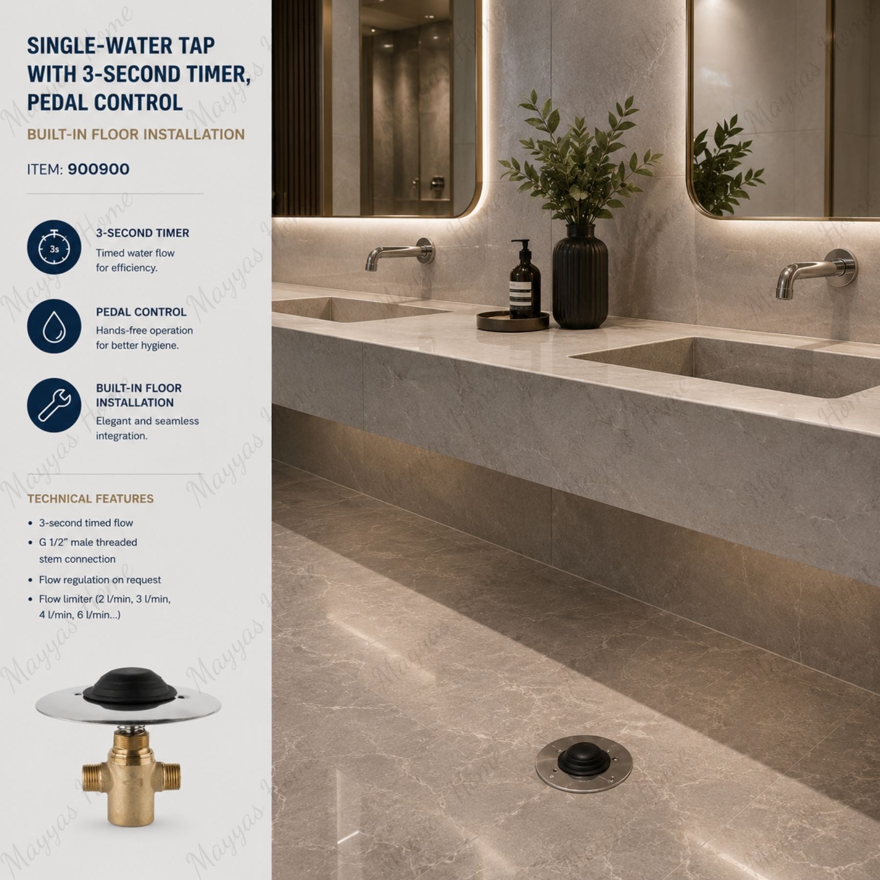 3-second timed single-water tap with pedal control and built-in floor installation. Ideal for hospitals, kitchens and commercial hygiene facilities across UAE.