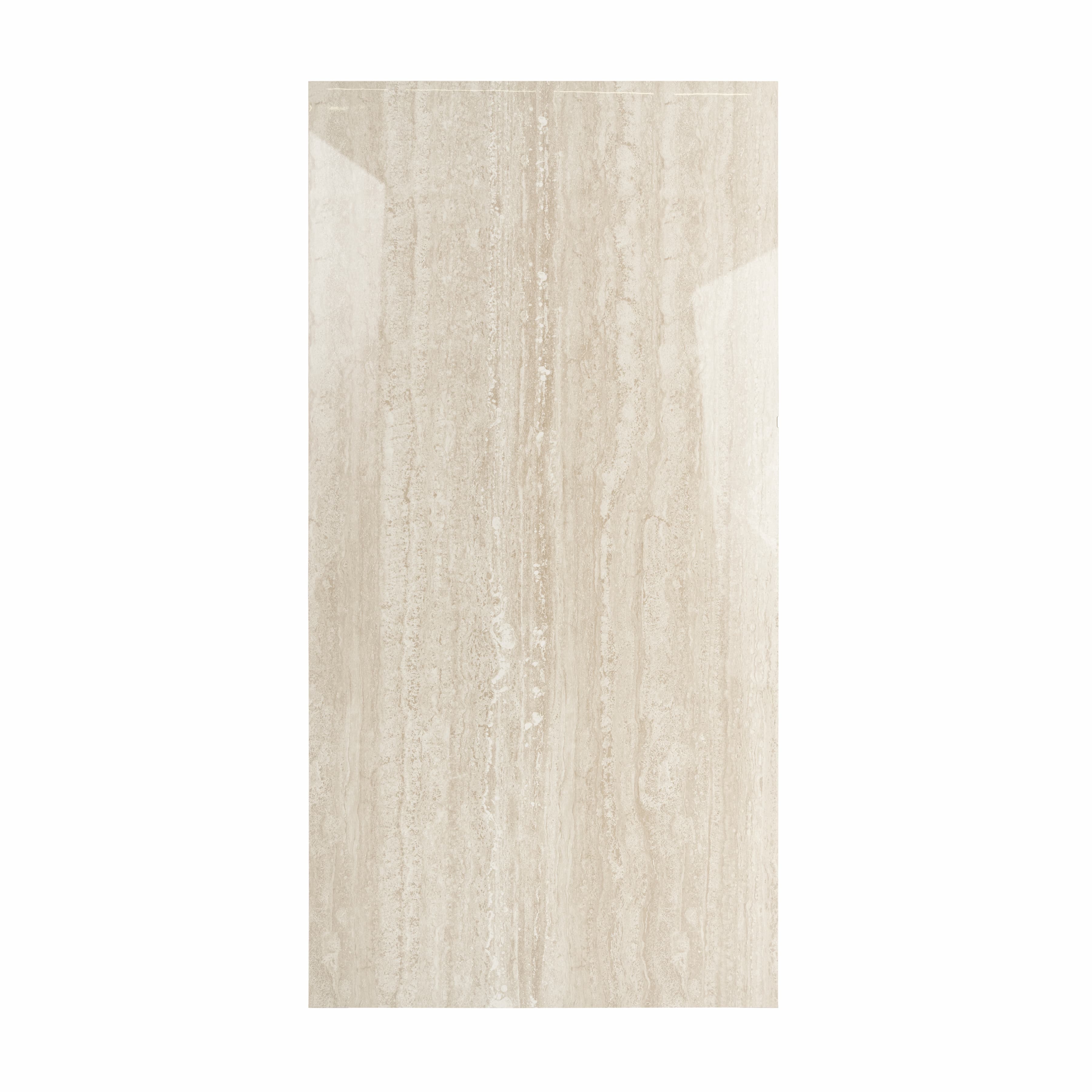 New Travertino Ivory 120x240cm glossy porcelain tile with travertine stone effect. Durable 9mm design for timeless walls and floors.