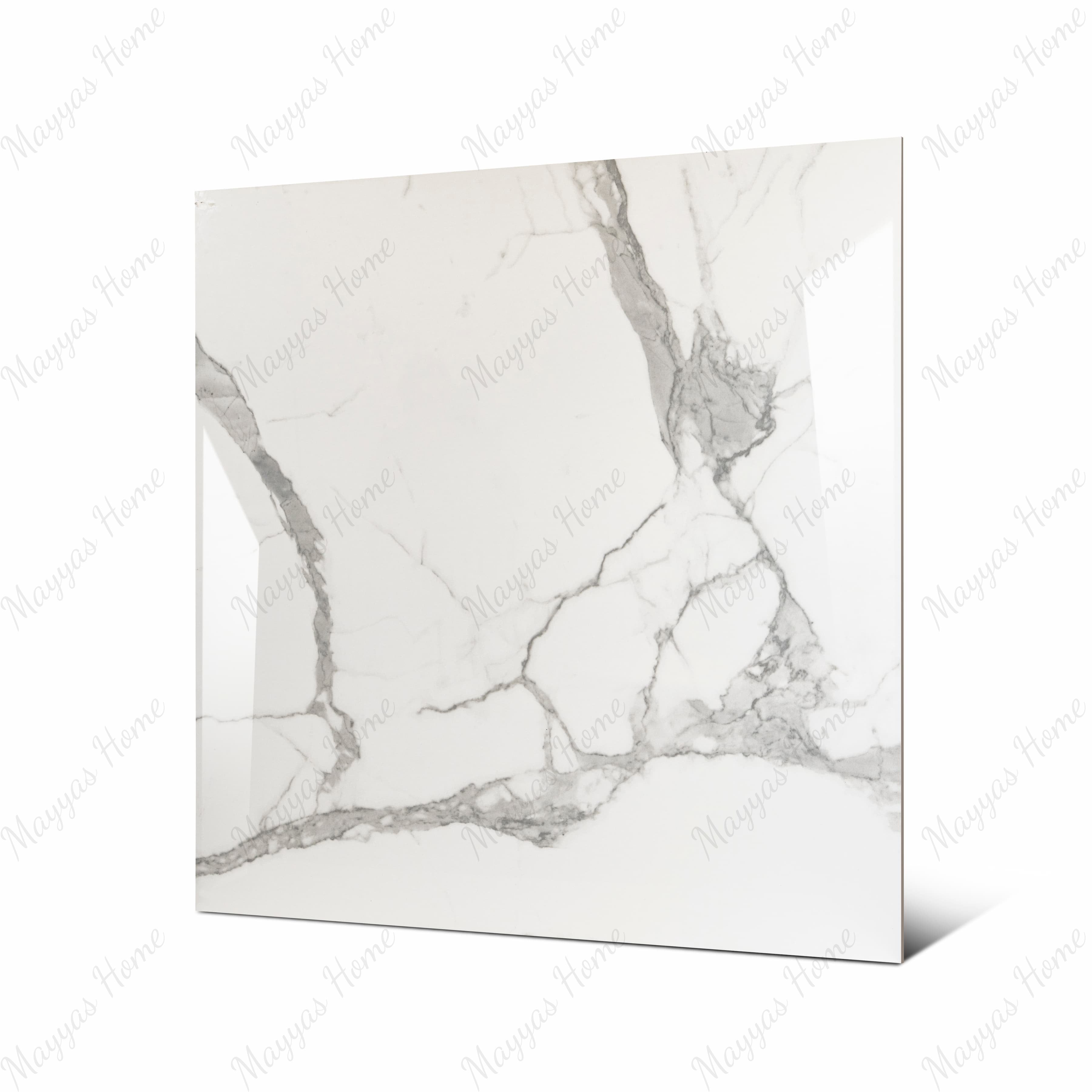 Alps Natural large format porcelain tile angled view highlighting polished statuario marble finish, bold veining, and rectified edges