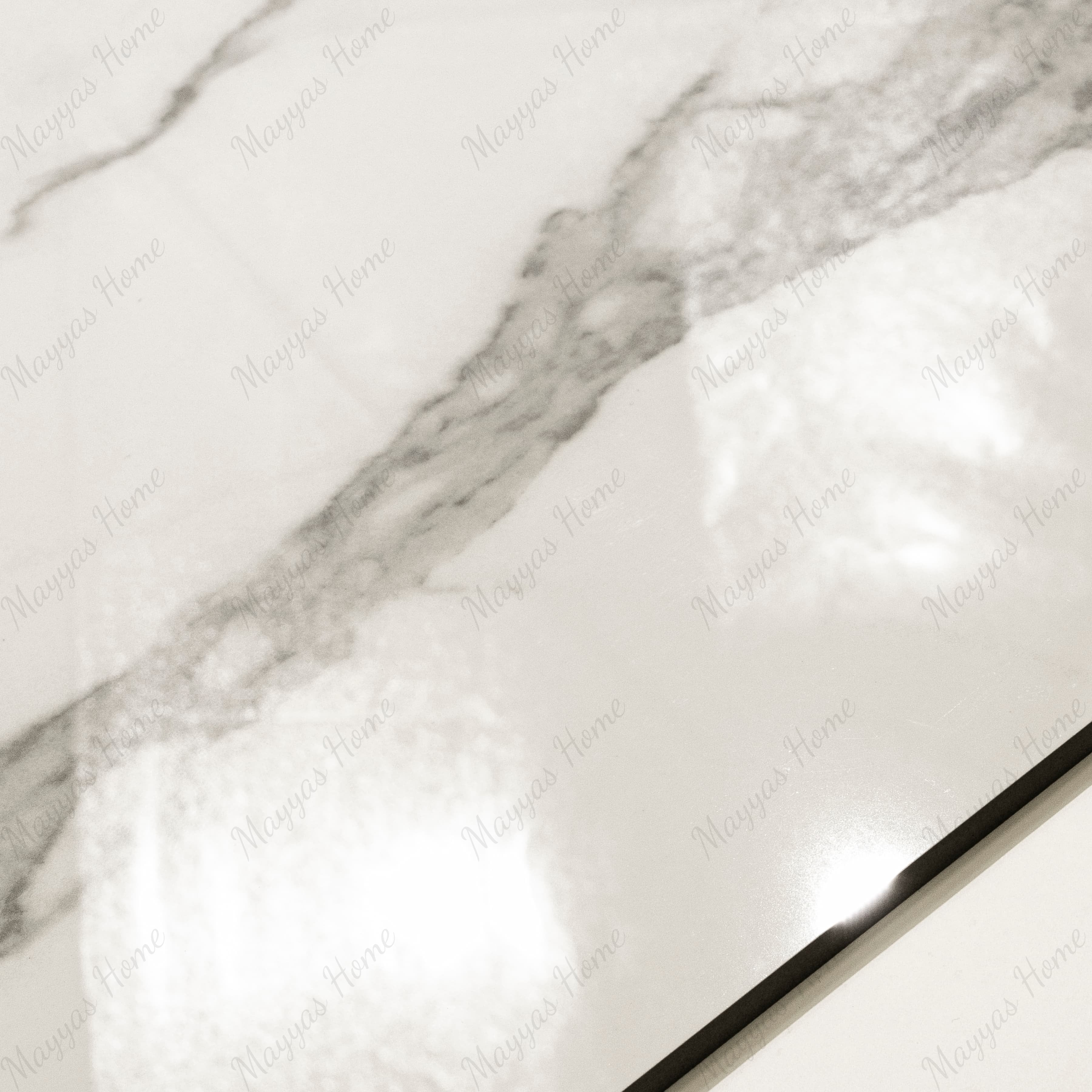 Close-up of Alps Natural glossy porcelain tile showing mirror-polished white marble surface with detailed grey vein clusters and 9mm thickness