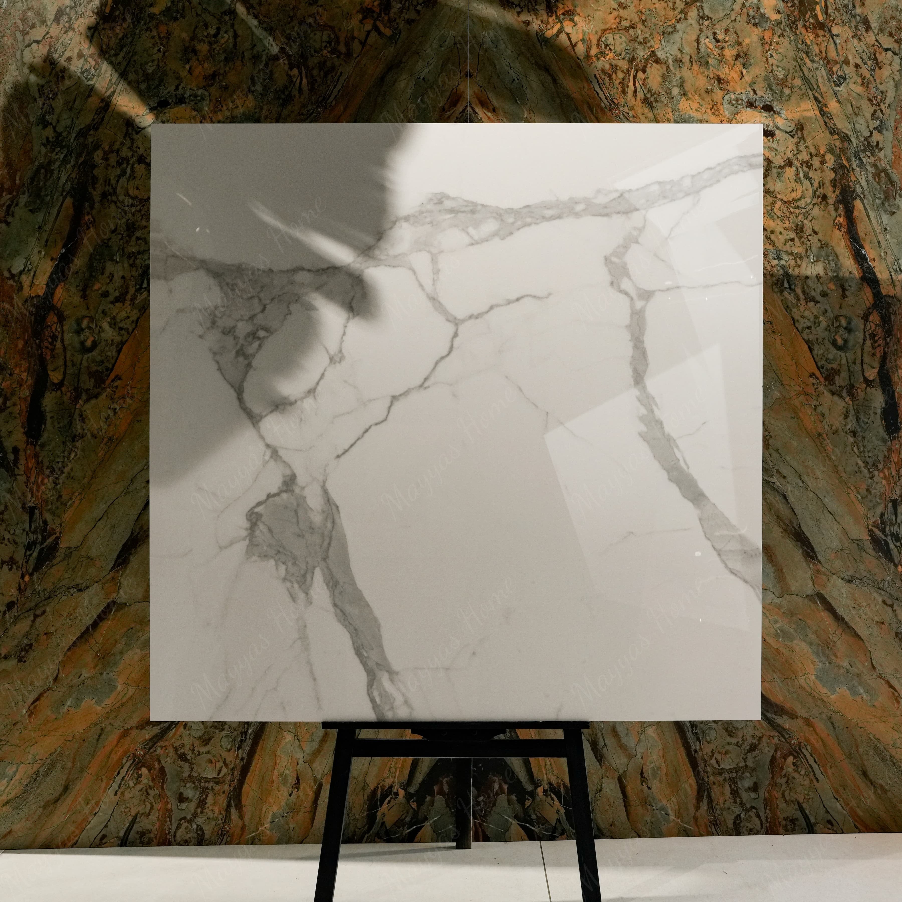 Alps Natural 120x120cm glossy porcelain tile flat view showing pure white statuario marble surface with dramatic grey veining
