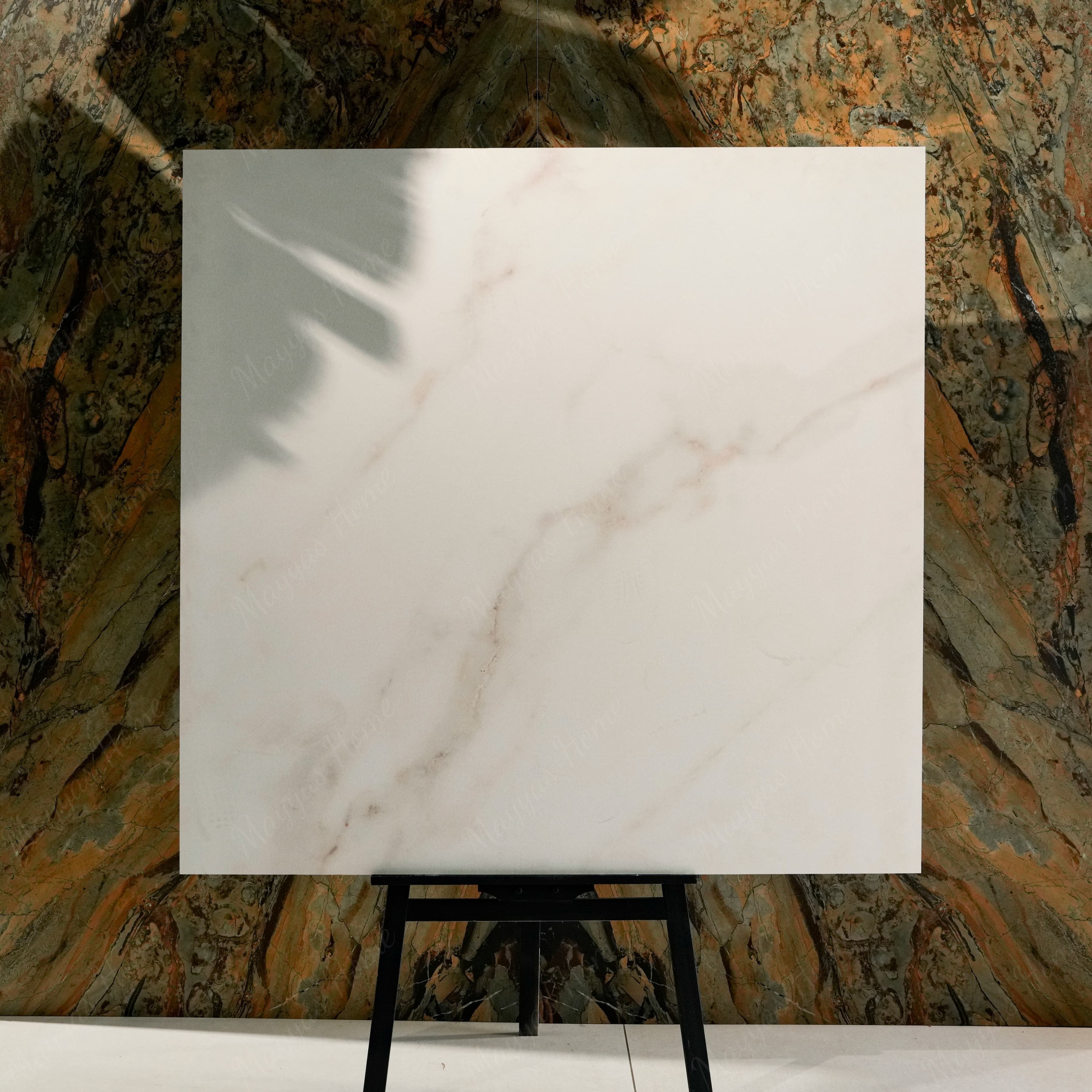 Cecelia Gold 120x120cm matt porcelain tile with soft cream base and golden veining. Elegant, durable, and ideal for modern luxury interiors.