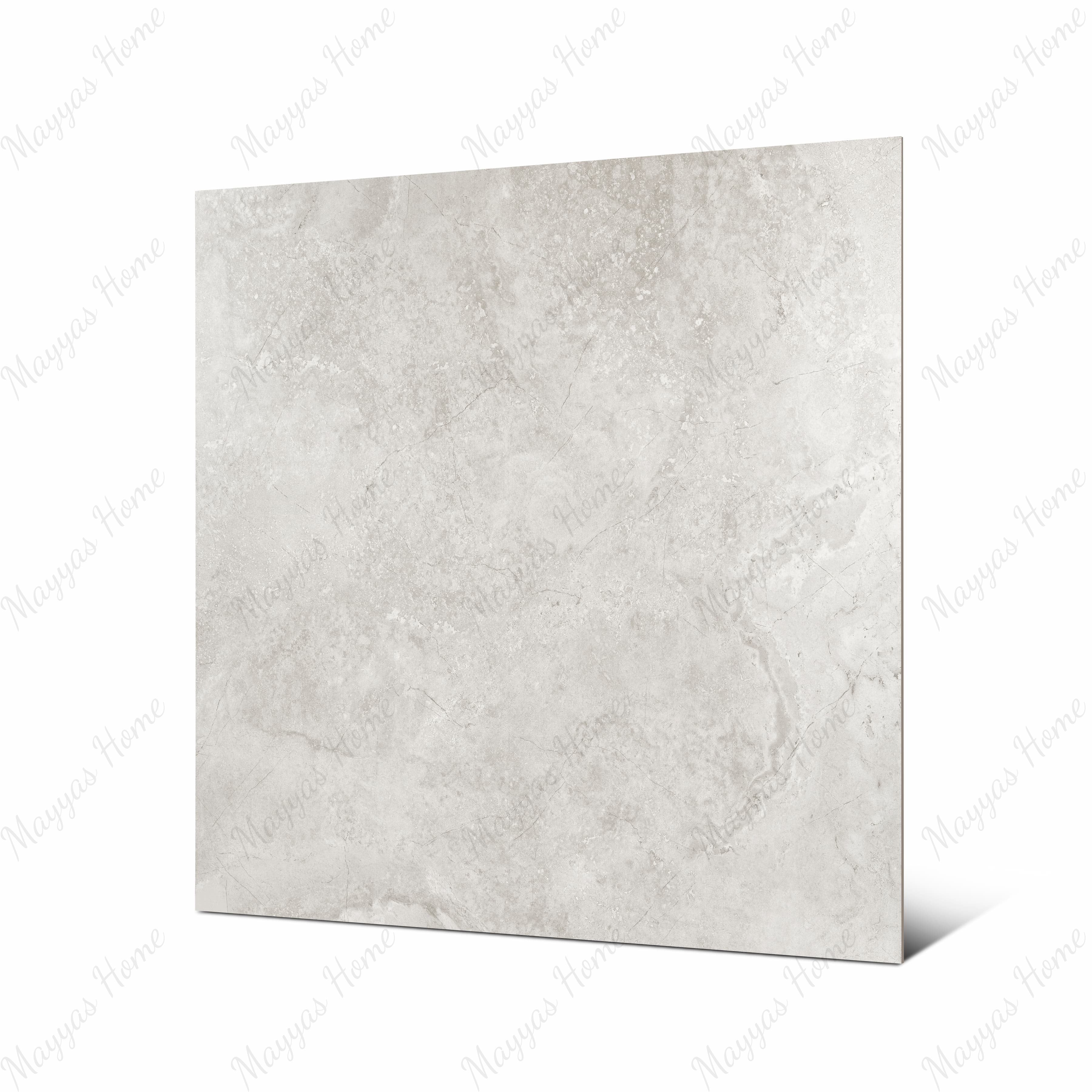 Resina Grey 120x120cm matte porcelain tile flat view showing soft grey travertine stone-look surface with natural veining