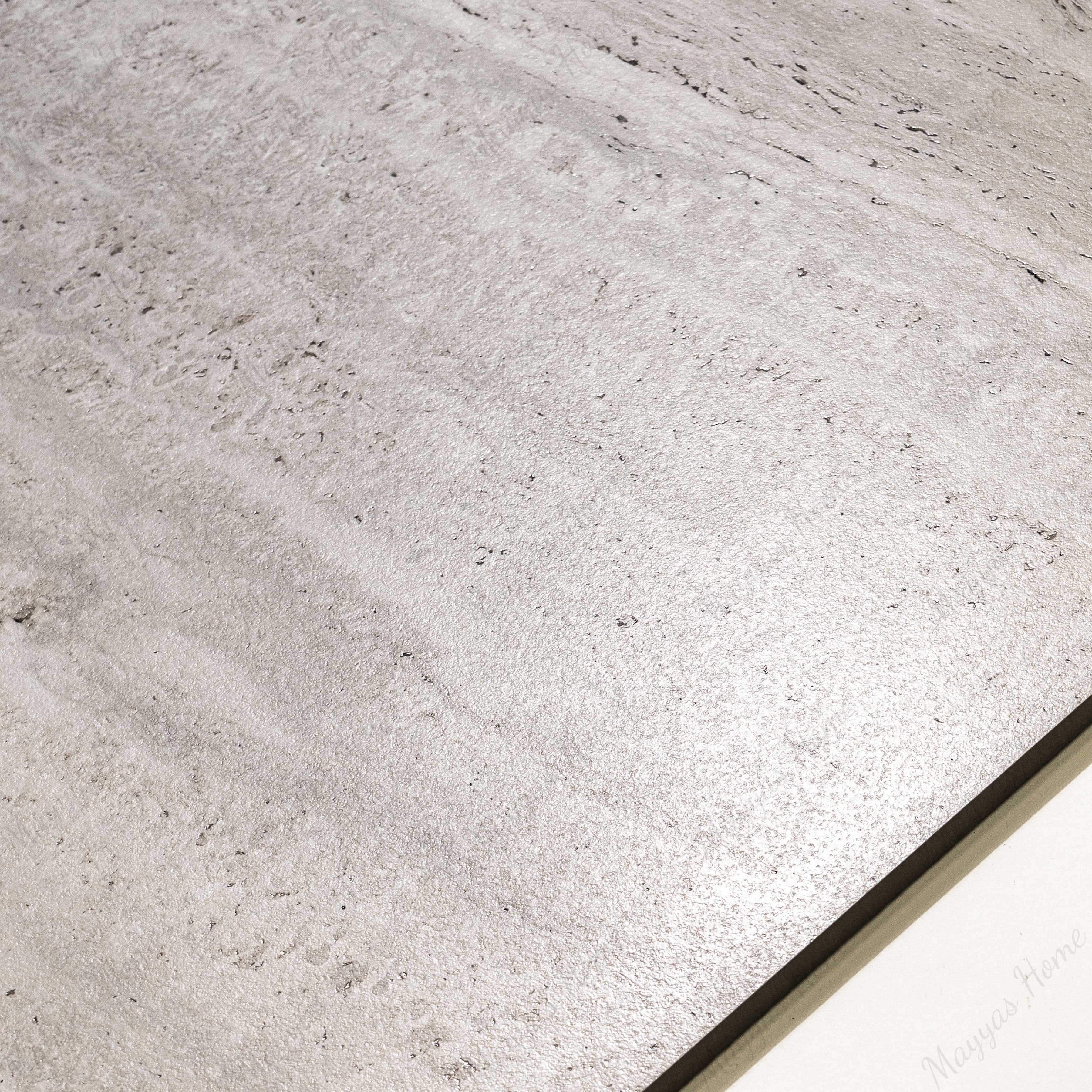Roma Travertino Bianco large format porcelain tile angled view highlighting matte travertine finish, linear veining, and rectified edges