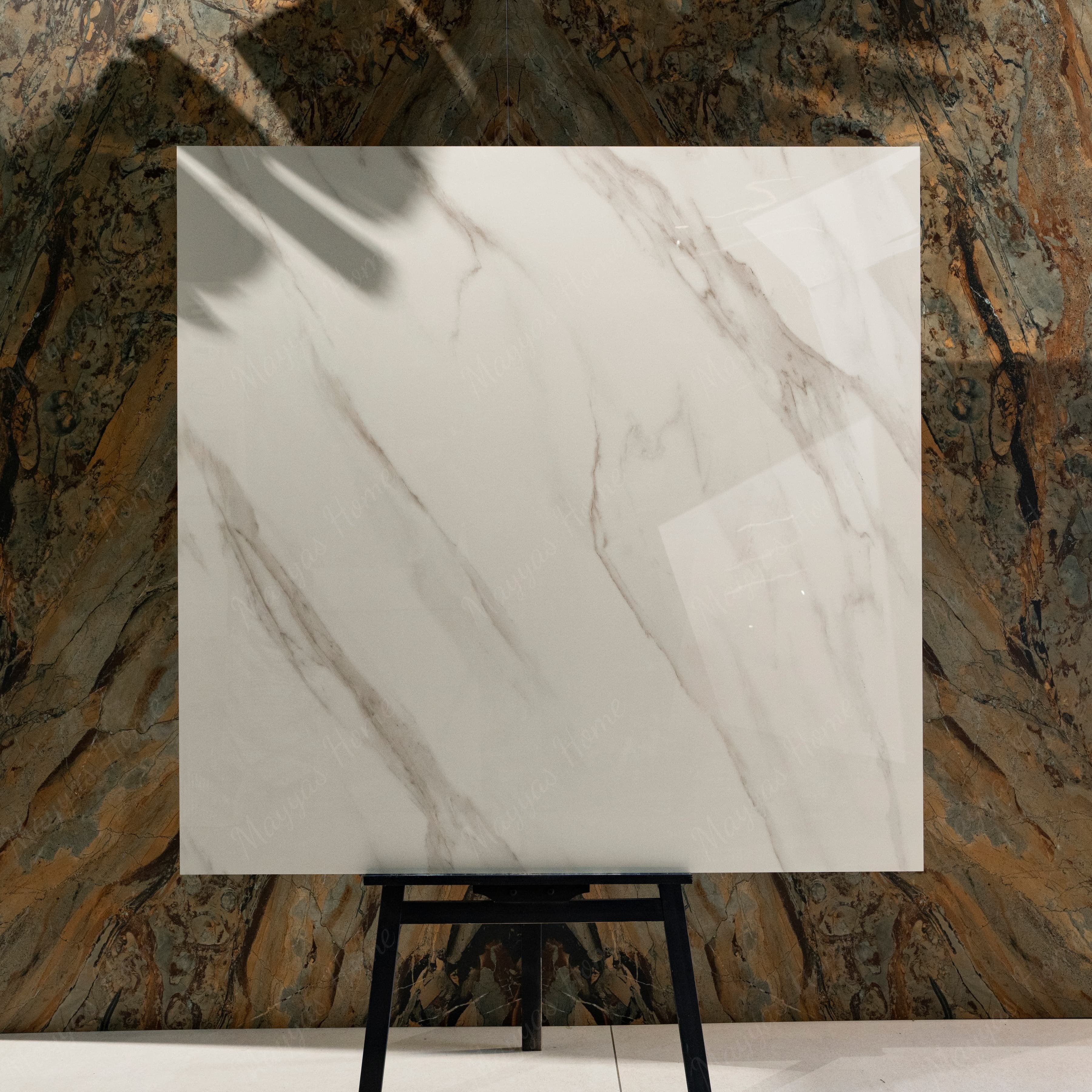 Shop STATUARIO ANGEL large format porcelain tiles (120x120cm) with a 9MM glossy finish and premium white marble effect. Durable, scratch-resistant, and easy to install. Perfect for luxurious interiors.