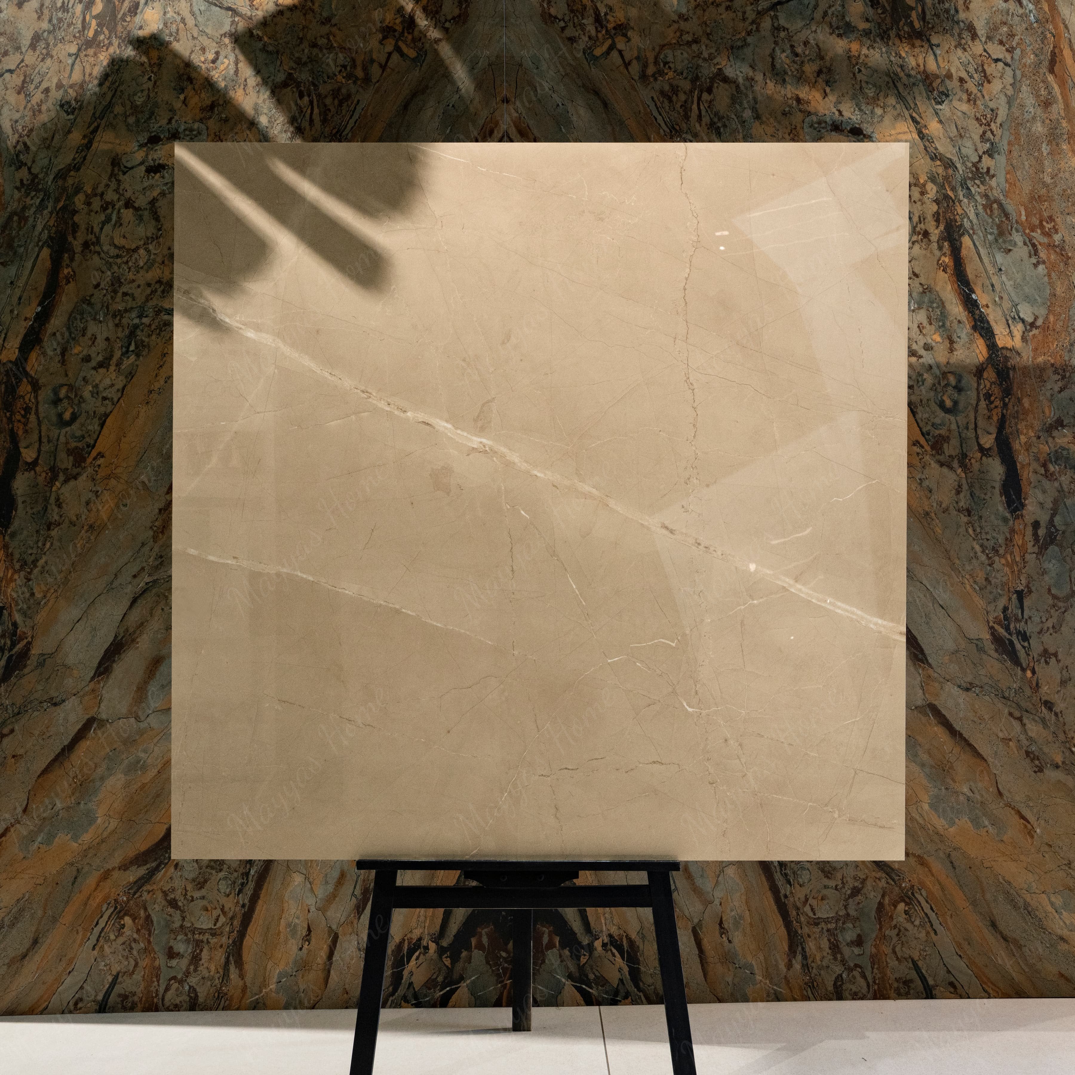 ARMANI BEIGE – 120x120cm glossy marble effect porcelain tile. Durable, elegant, and ideal for luxurious modern interiors and high-traffic spaces.