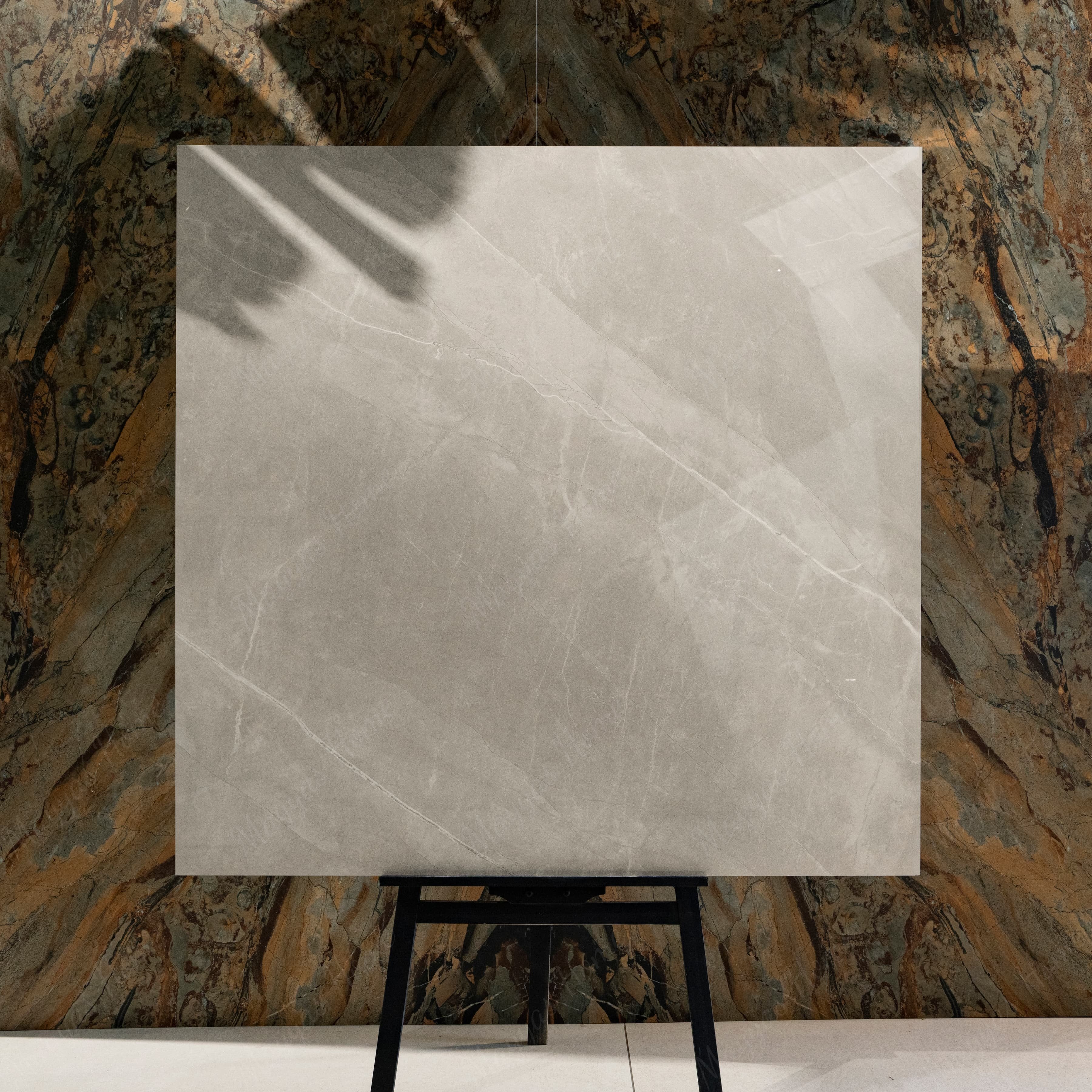 ARMANI ROMANO – 120x120cm glossy porcelain tile with beige marble effect. Ideal for elegant, modern interiors with seamless large format appeal.