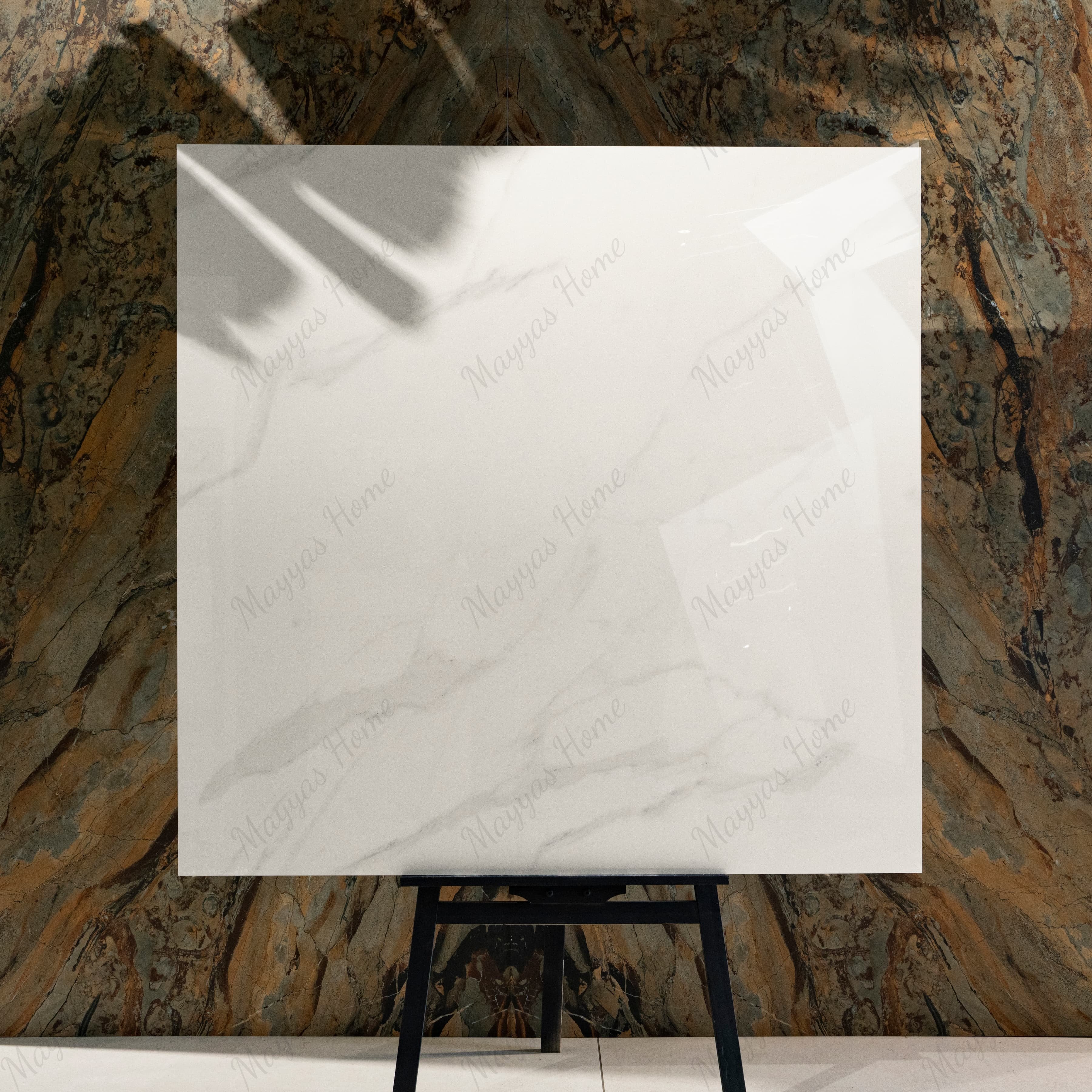 ELITE WHITE – 120x120cm glossy porcelain tile featuring premium white marble design. Large format tile perfect for elegant, durable flooring and wall applications.