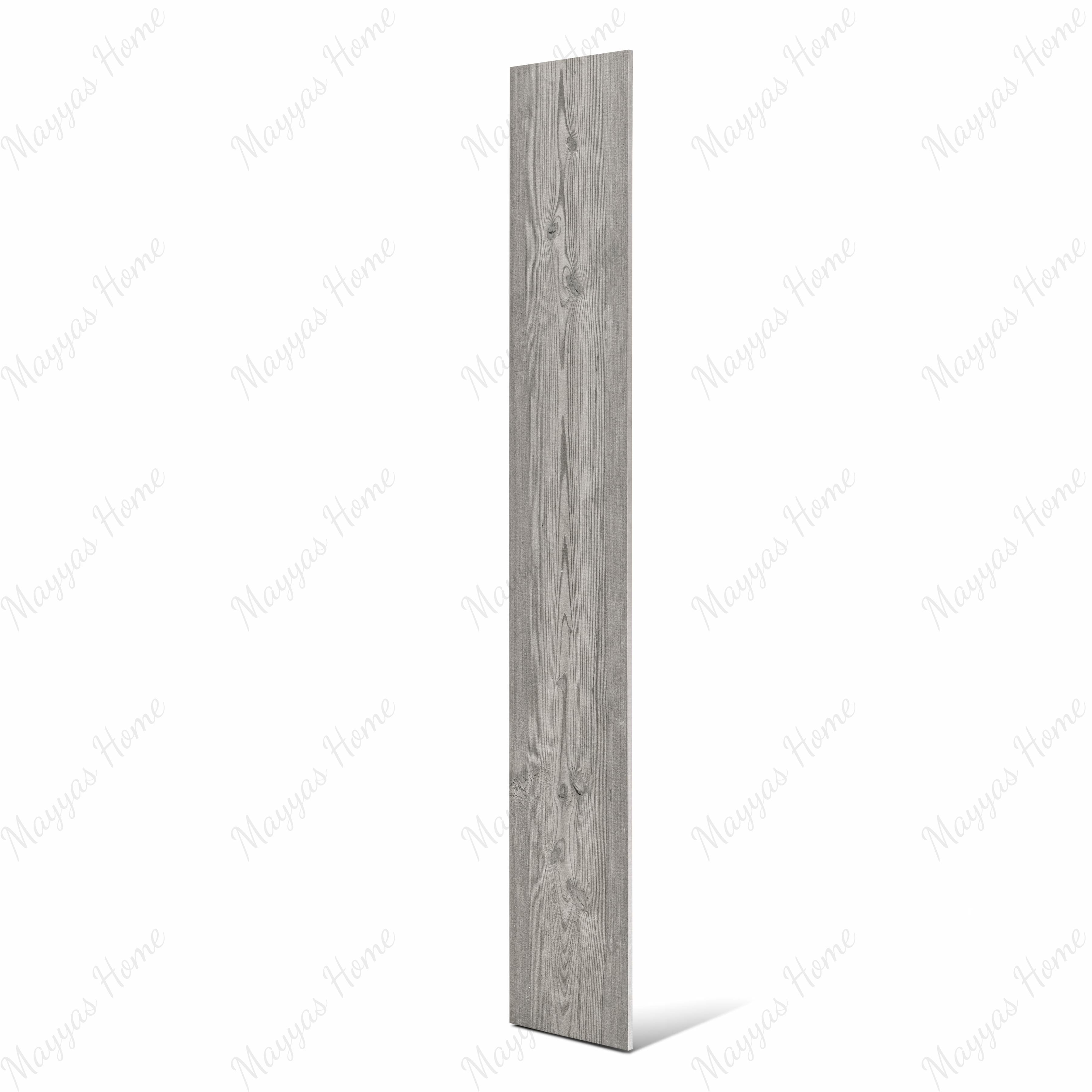Mosaici Natural wood-look porcelain plank tiles arranged in multi-plank layout showing rustic grey pine wood grain pattern