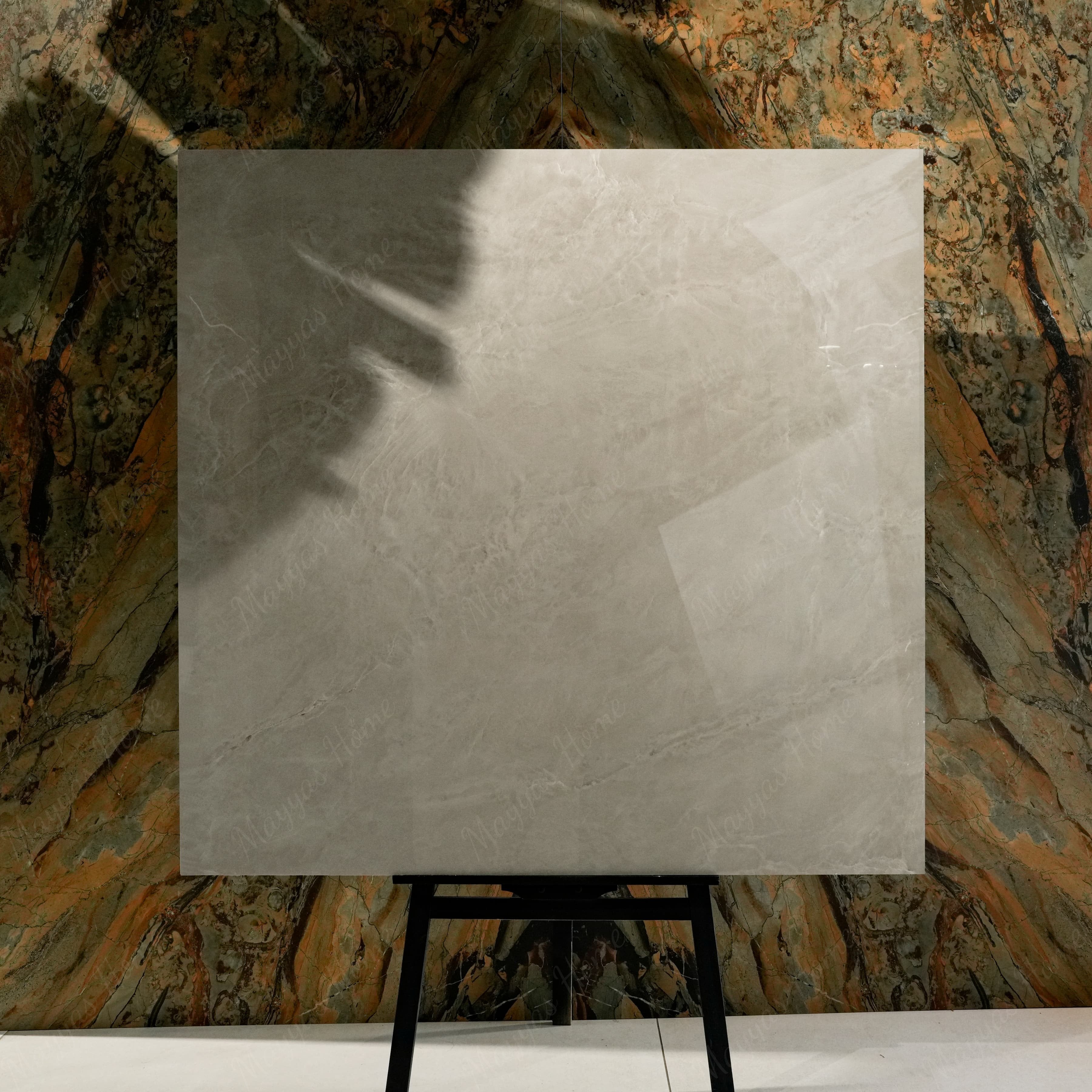 Royal Beige 120x120cm glossy porcelain tile flat view showing soft beige marble surface with cloudy tonal movement