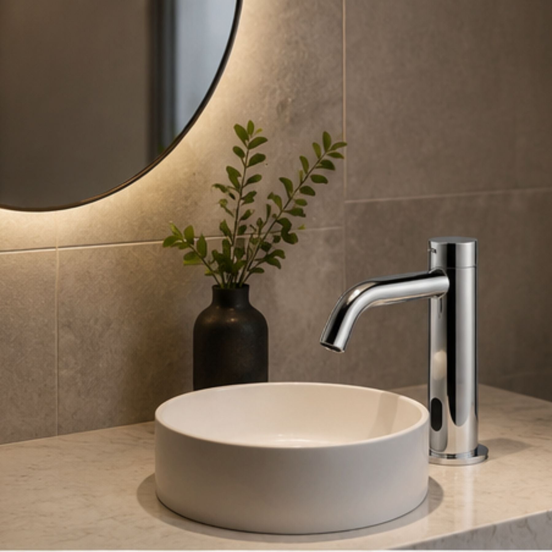 703502 electronic pre-mixed washbasin tap with mains-powered operation, above-counter installation, G 1/2” threaded connection, and adjustable flow limiter for efficient water control.