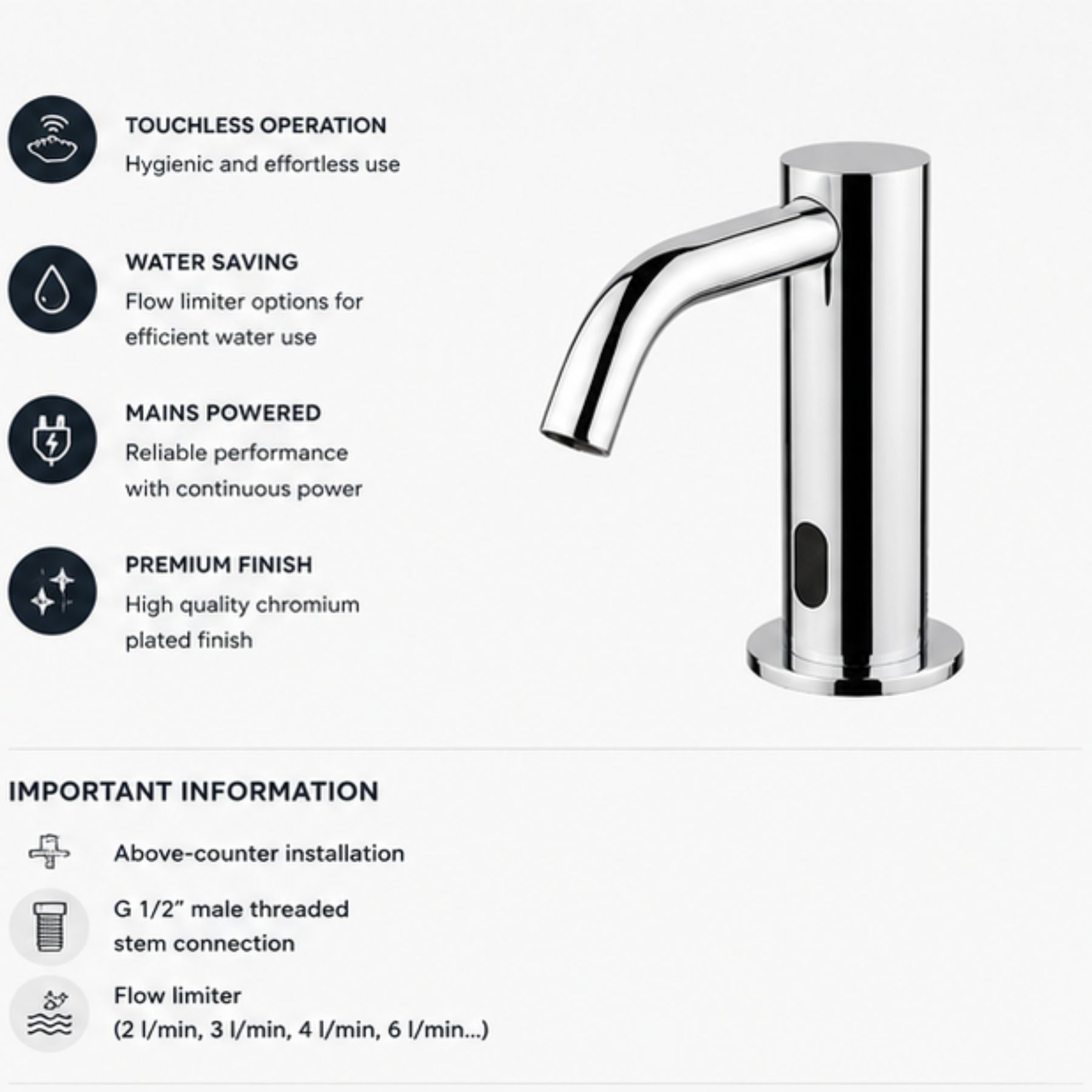 703502 electronic pre-mixed washbasin tap with mains-powered operation, above-counter installation, G 1/2” threaded connection, and adjustable flow limiter for efficient water control.