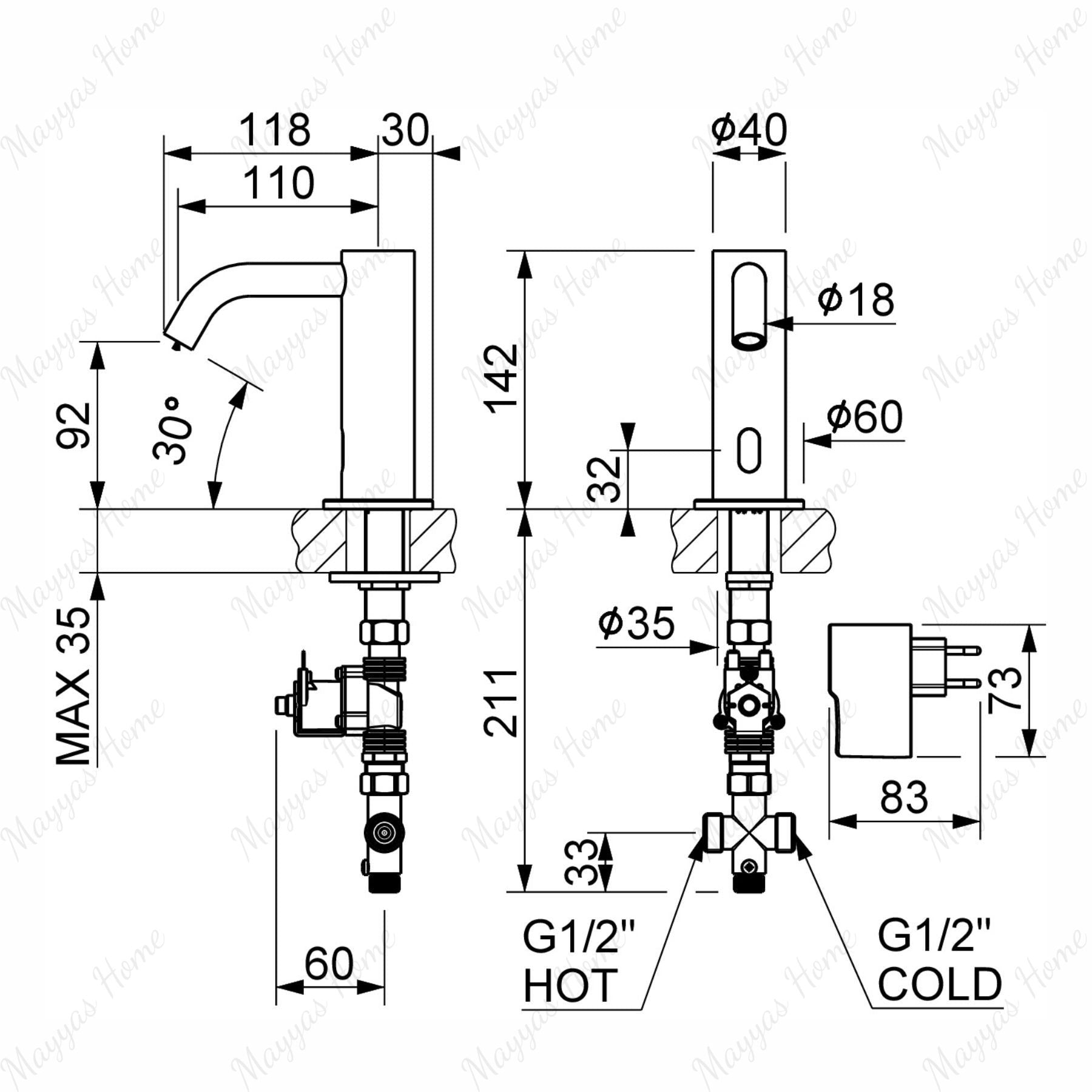 703502 electronic pre-mixed washbasin tap with mains-powered operation, above-counter installation, G 1/2” threaded connection, and adjustable flow limiter for efficient water control.