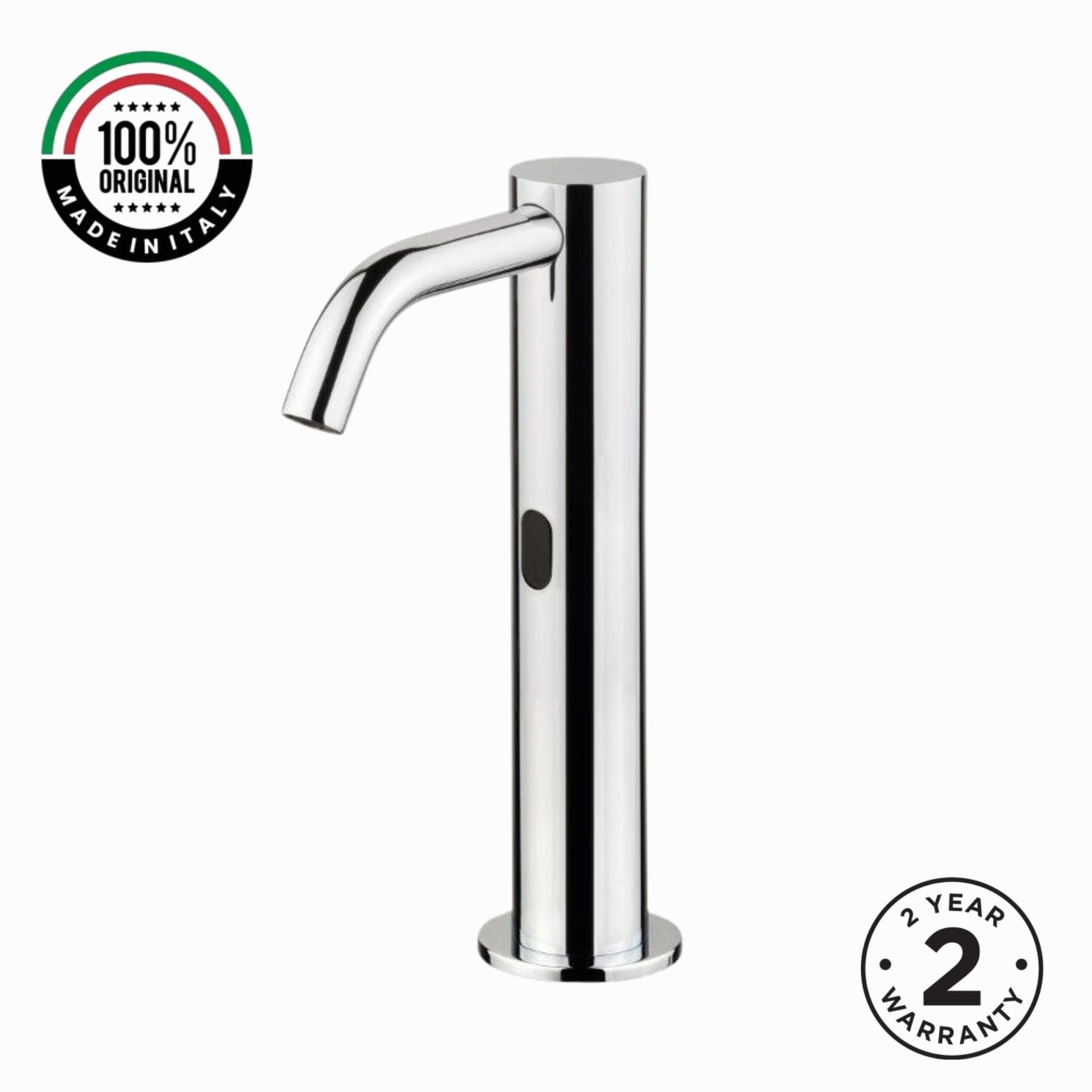 703508 electronic single-water basin tap with extended body and spout, mains-powered operation, G 1/2” threaded stem connection, and adjustable flow limiter for efficient water management.