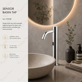 703508 electronic single-water basin tap with extended body and spout, mains-powered operation, G 1/2” threaded stem connection, and adjustable flow limiter for efficient water management.