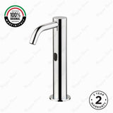 703508 electronic single-water basin tap with extended body and spout, mains-powered operation, G 1/2” threaded stem connection, and adjustable flow limiter for efficient water management.