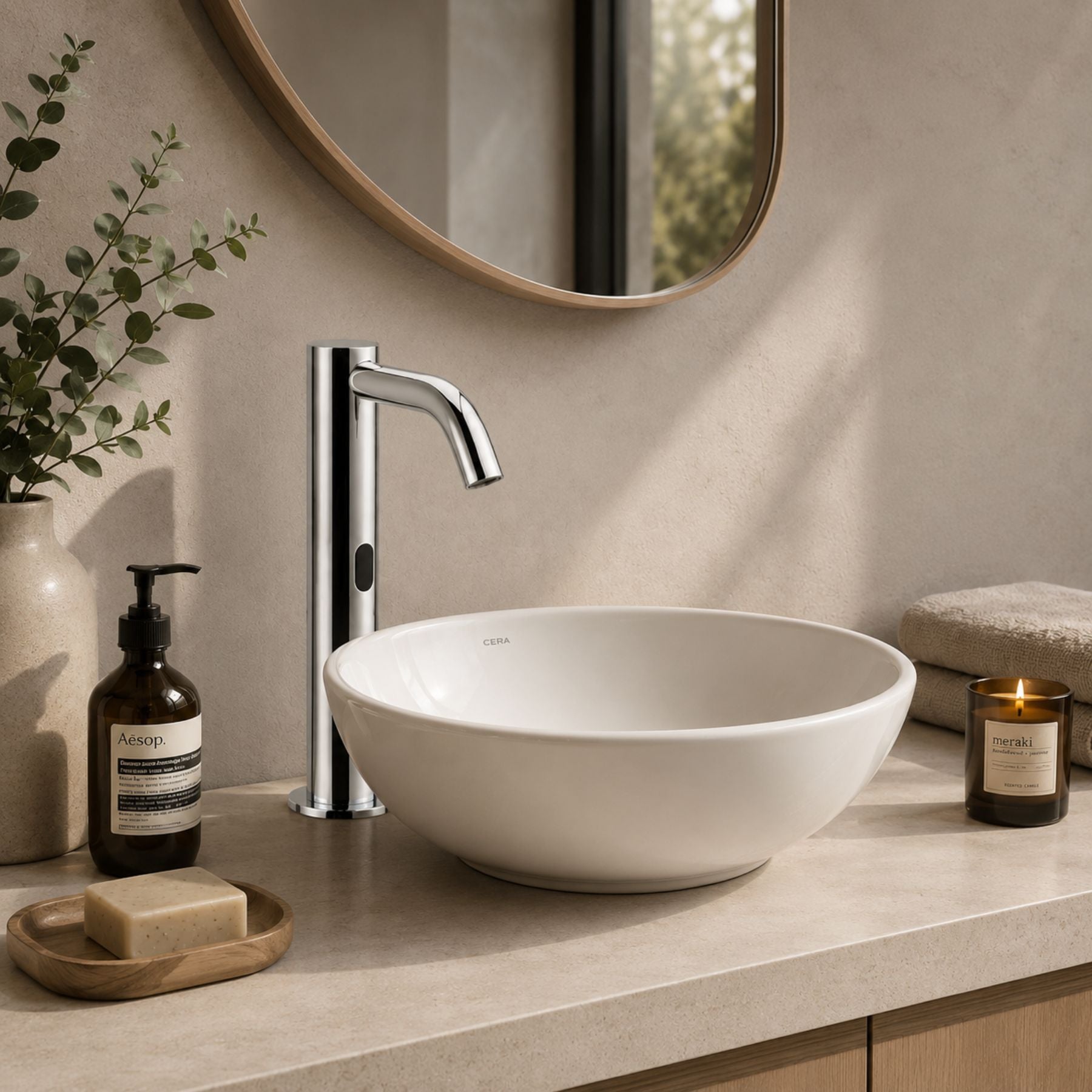 703509 electronic single-lever basin tap with extended body and spout, battery-powered operation, G 1/2” threaded connection, and adjustable flow limiter for efficient water control.