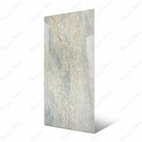 Aurora Aqua Onyx large format porcelain slab angled view highlighting polished aqua stone finish, natural crystalline movement, and rectified edges