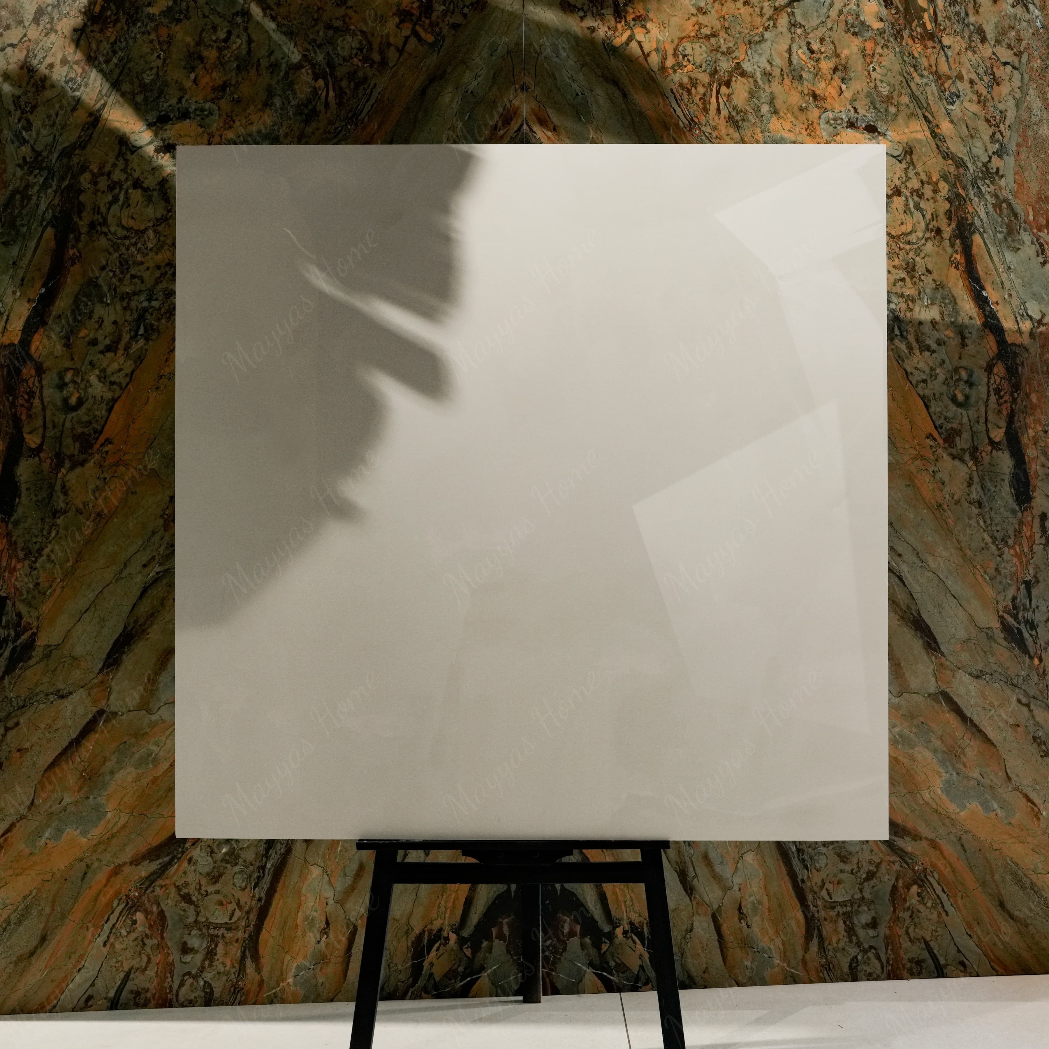 Onyx Helio 120x120cm glossy porcelain tile flat view showing translucent ivory onyx surface with soft cloudy movement