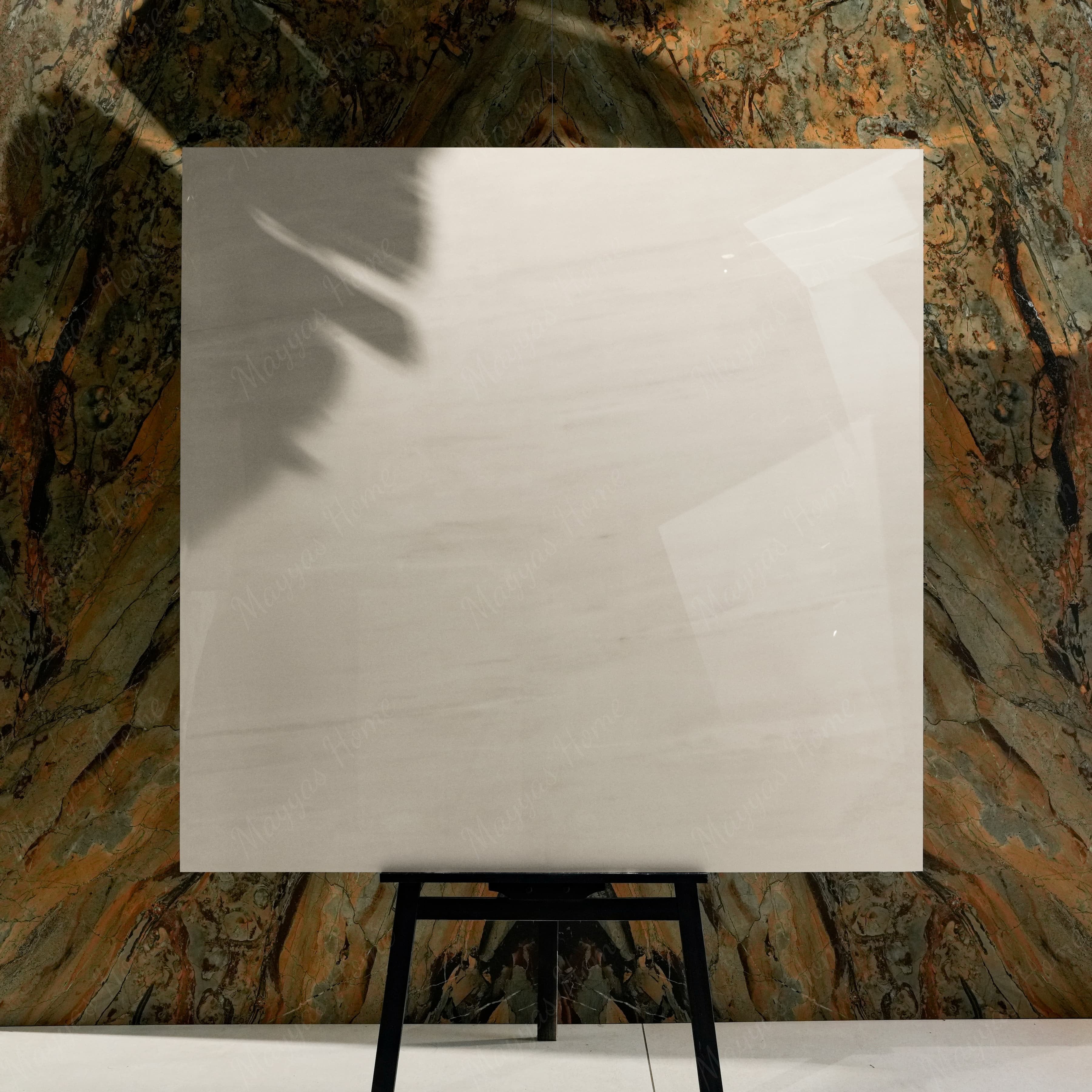Melton Bianco 120x120cm glossy porcelain tile flat view showing soft white marble surface with delicate horizontal veining