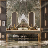 Alpine Green Bookmatch Royal Polish Colorbody porcelain slab 120x280cm, 9mm thick, with a rich green marble look for statement floors, walls and interiors.