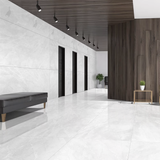 BRECCIA BIANCO – 120x120cm glossy porcelain tile with white Breccia marble design. A large format tile perfect for sleek, modern interiors.