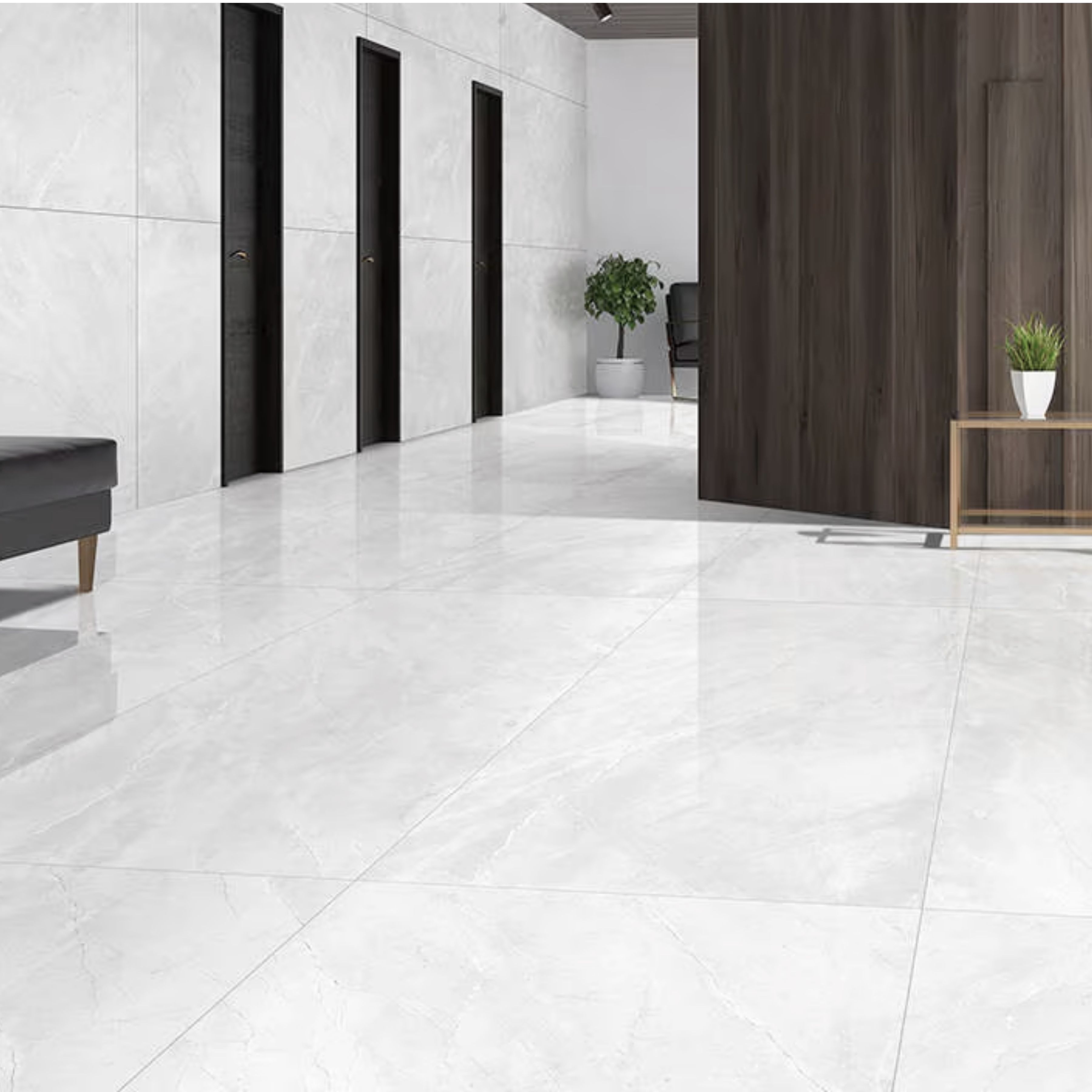 BURBERRY BIANCO – 120x120cm glossy porcelain tile with a soft white marble look. Premium large format surface for sophisticated modern interiors.