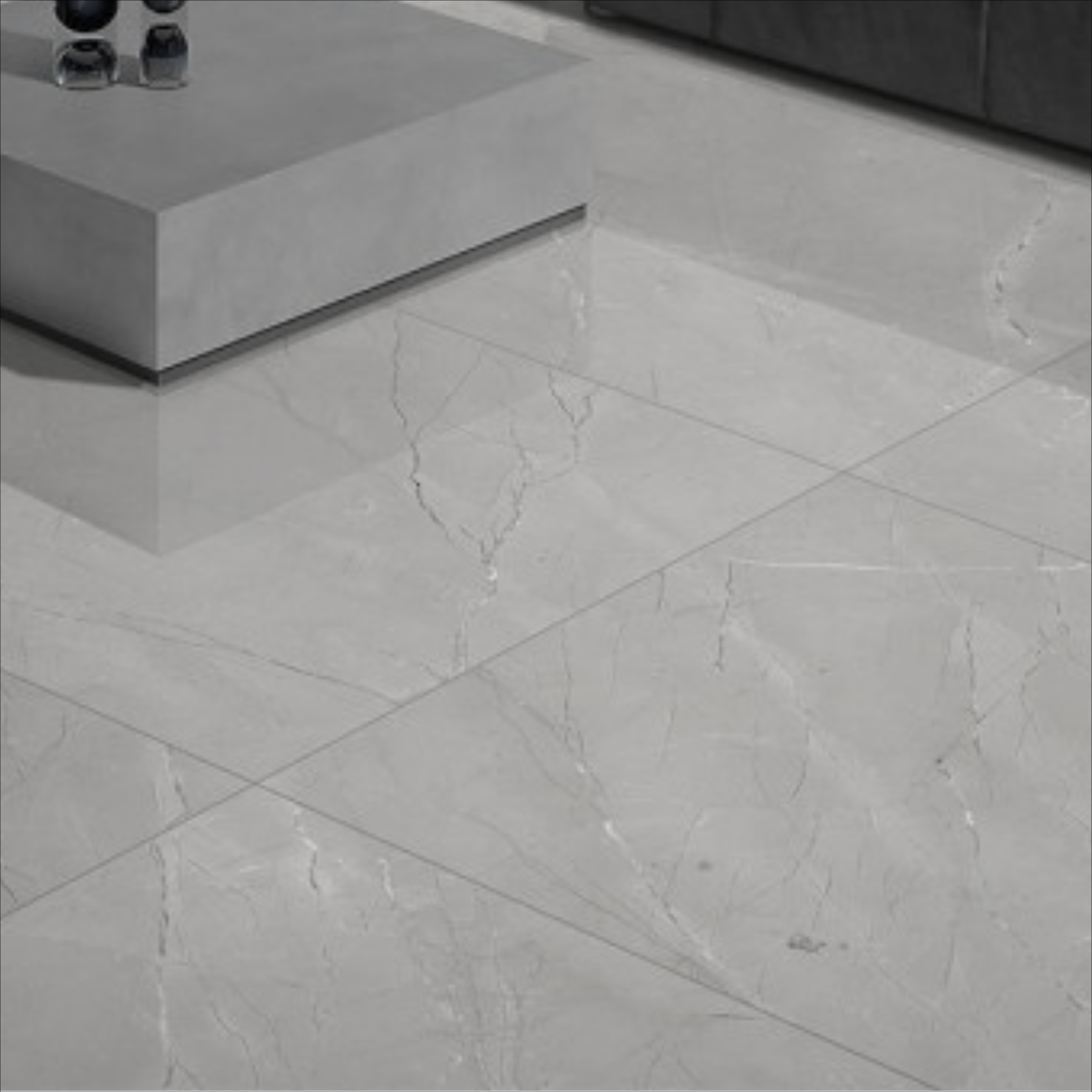 BURBERRY GREY – 120x120cm glossy porcelain tile with a sophisticated grey marble effect. Large format tile ideal for modern and elegant interiors.
