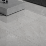 BURBERRY GREY – 120x120cm glossy porcelain tile with a sophisticated grey marble effect. Large format tile ideal for modern and elegant interiors.