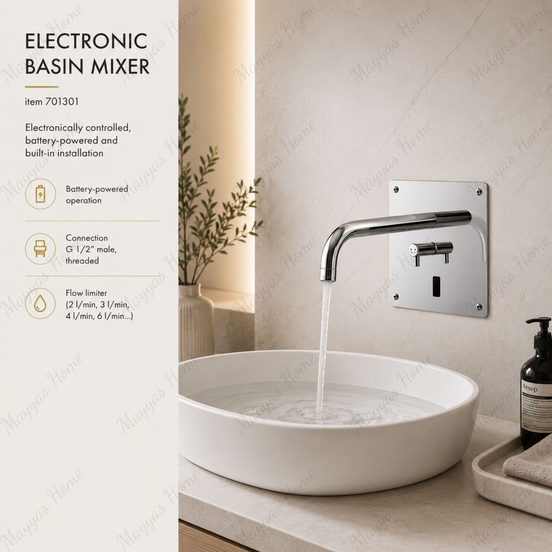 Battery-powered electronic basin mixer with built-in installation and chrome finish. Touchless, water-saving faucet for modern UAE washrooms.