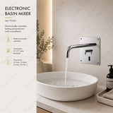Battery-powered electronic basin mixer with built-in installation and chrome finish. Touchless, water-saving faucet for modern UAE washrooms.