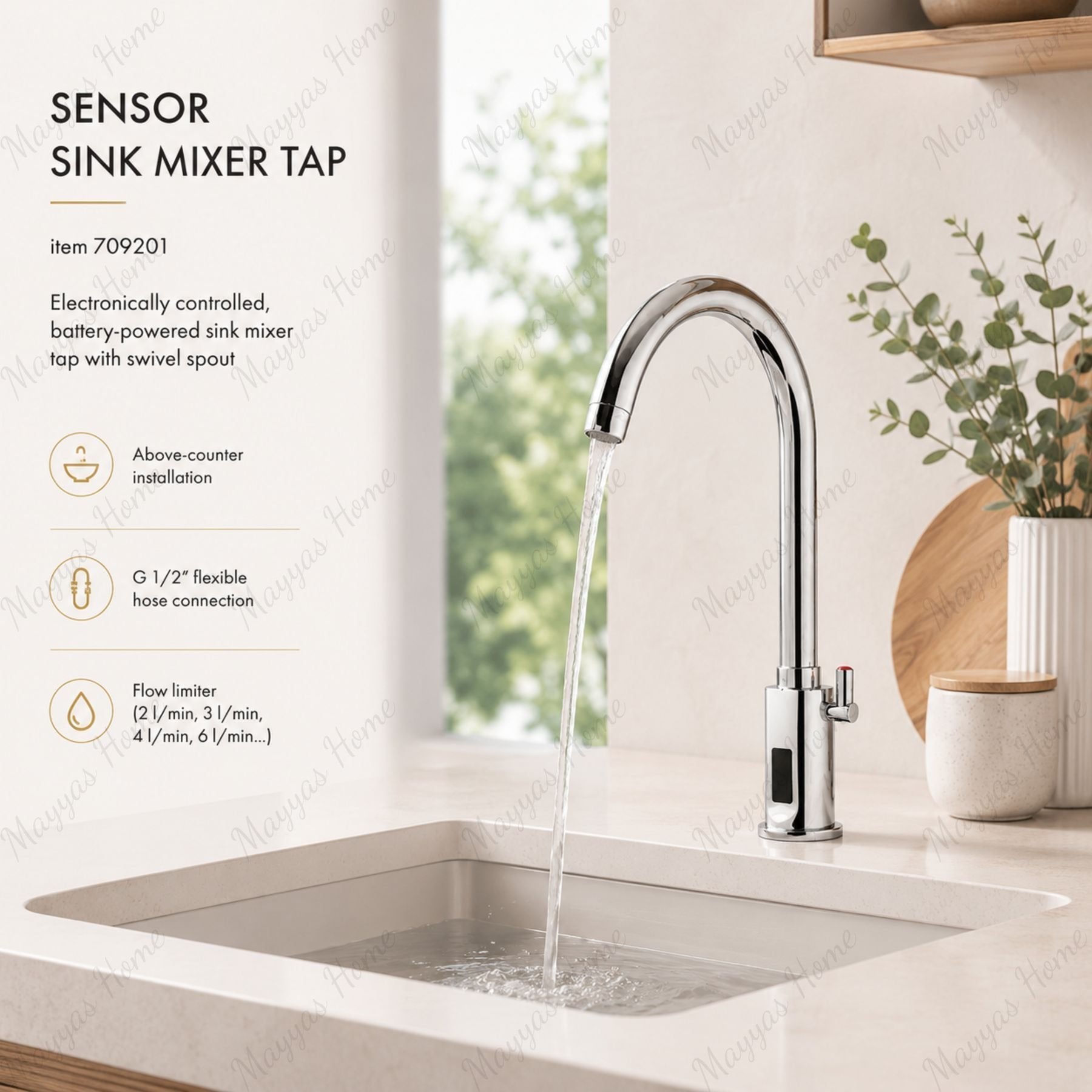 Battery-powered sensor mixer tap with swivel spout, chrome finish and water-saving flow control. Ideal for hygienic commercial and residential washrooms.