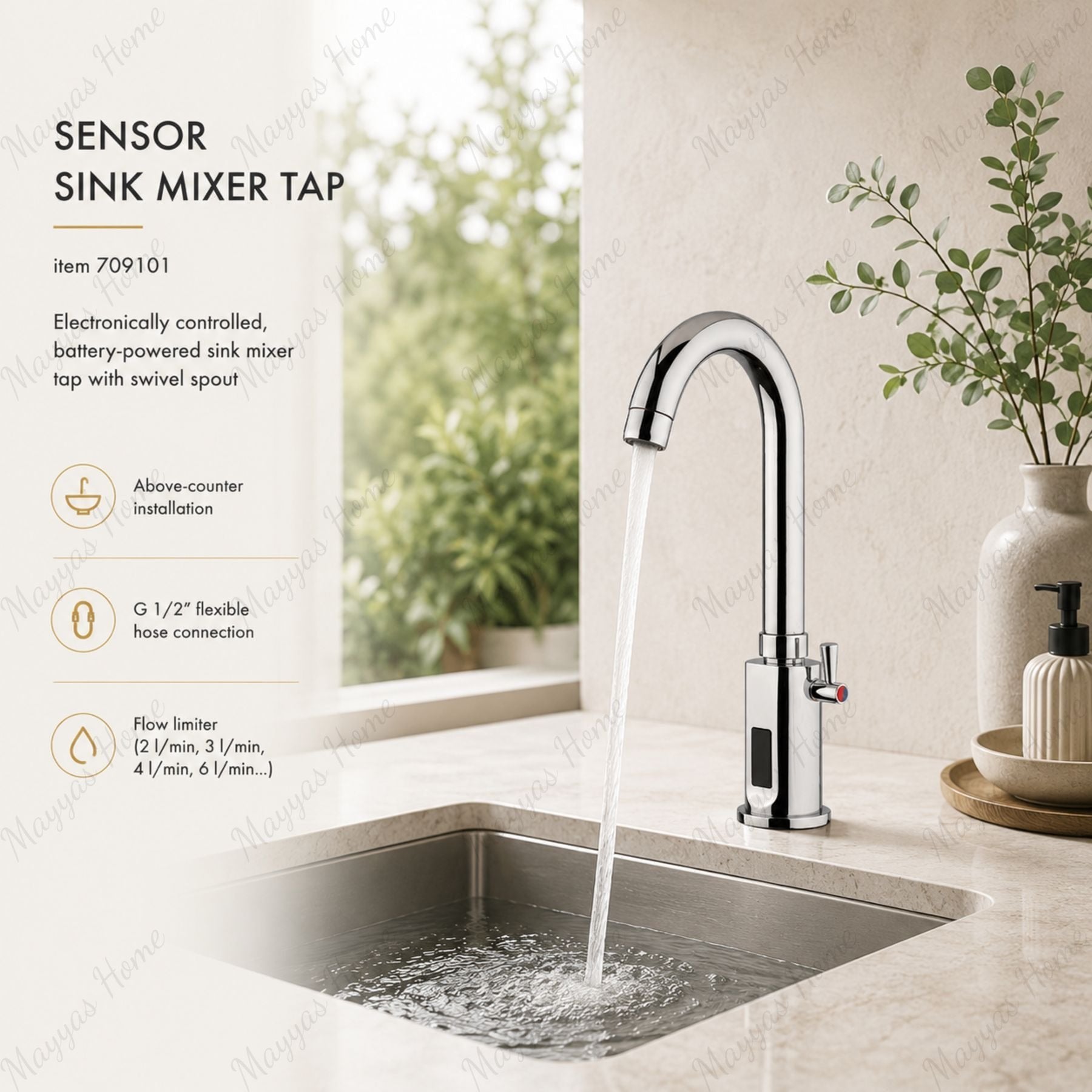 Battery-powered sensor sink mixer tap with swivel spout and chrome finish. Touchless, water-saving faucet for modern UAE bathrooms and washrooms.