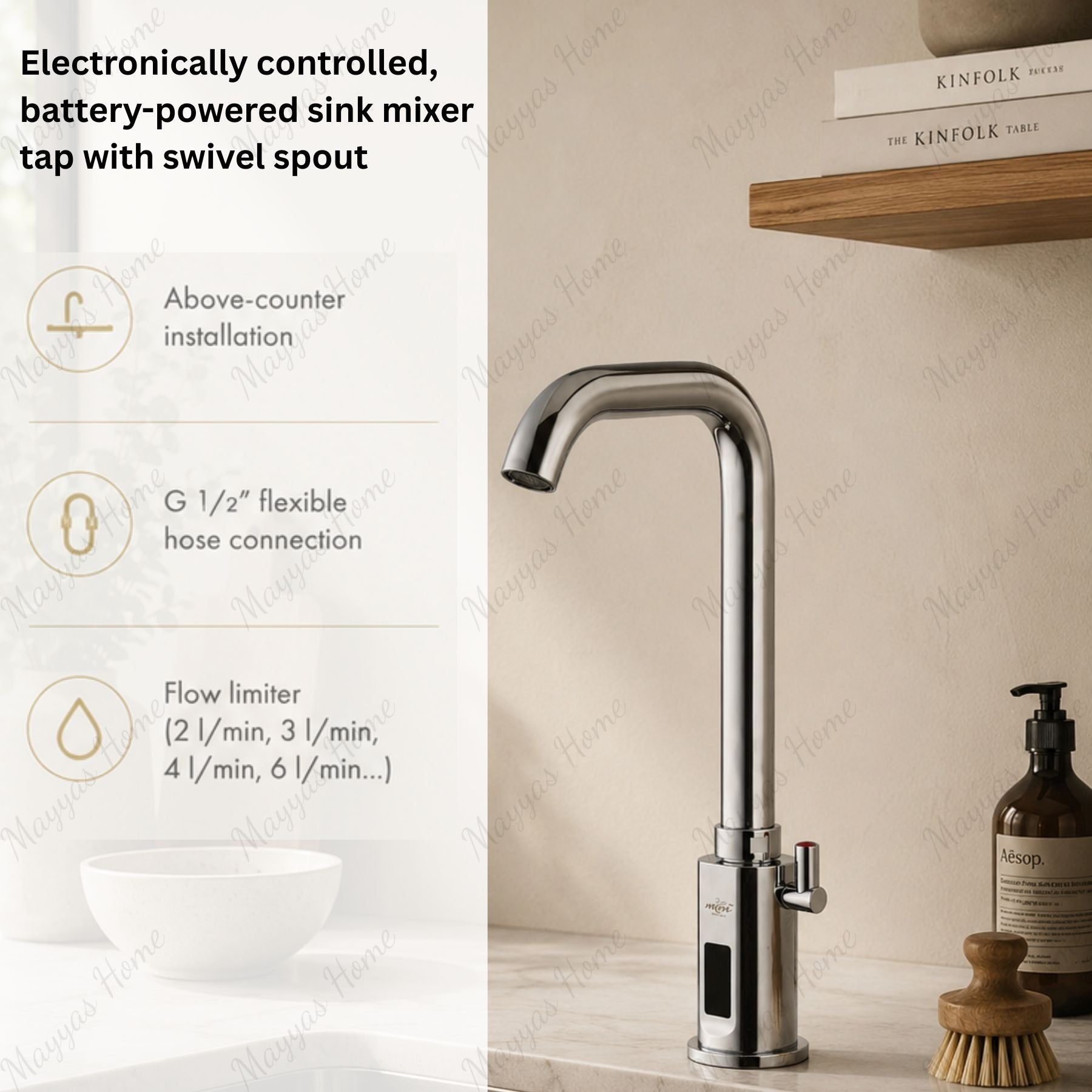 Battery-powered sensor sink mixer tap with swivel spout and designer finishes. Touchless, water-saving faucet for luxury UAE bathrooms and washrooms.