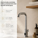 Battery-powered sensor sink mixer tap with swivel spout and designer finishes. Touchless, water-saving faucet for luxury UAE bathrooms and washrooms.
