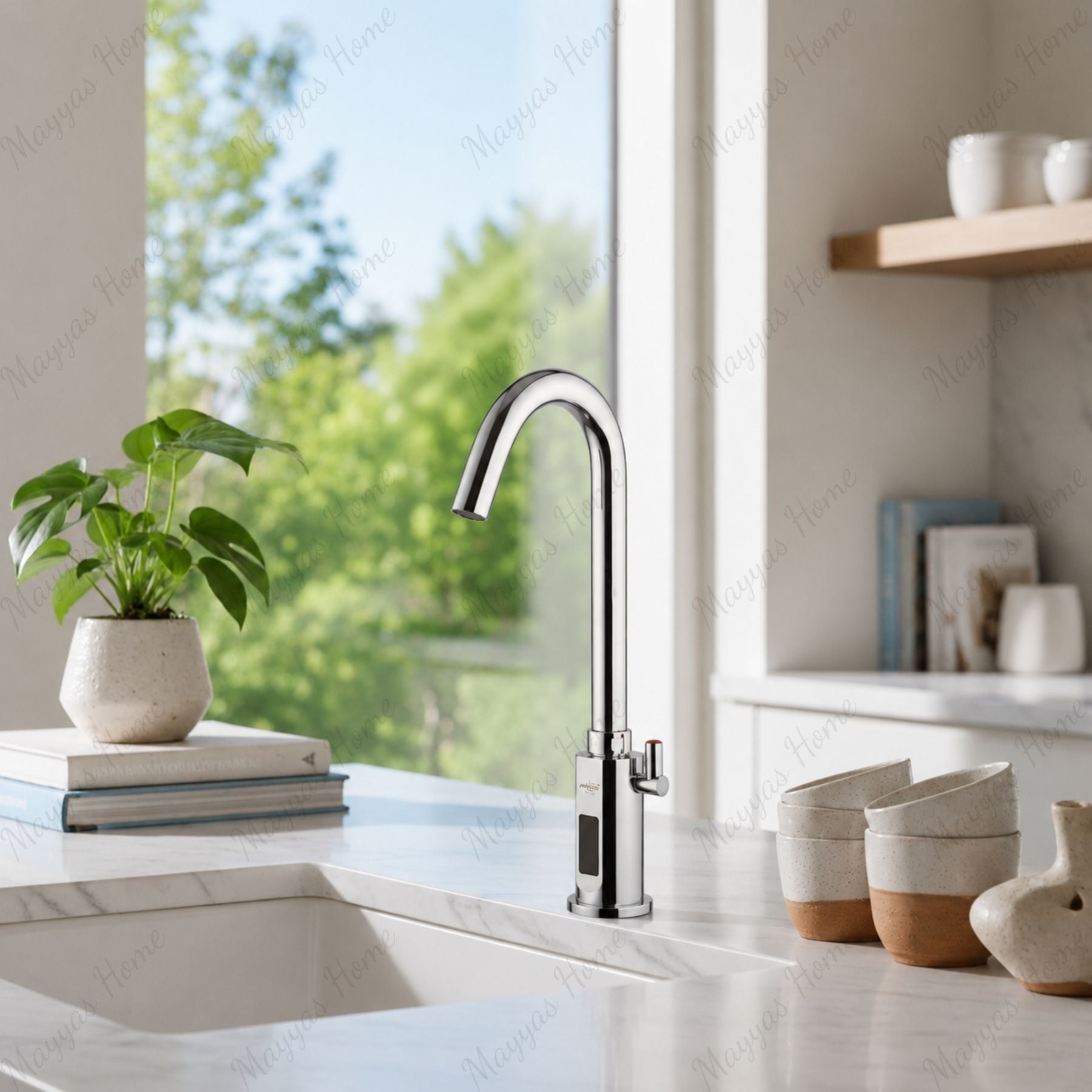 Battery-powered sensor sink mixer tap with swivel spout and premium finishes. Touchless, water-saving faucet for luxury UAE bathrooms and washrooms.