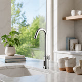 Battery-powered sensor sink mixer tap with swivel spout and premium finishes. Touchless, water-saving faucet for luxury UAE bathrooms and washrooms.