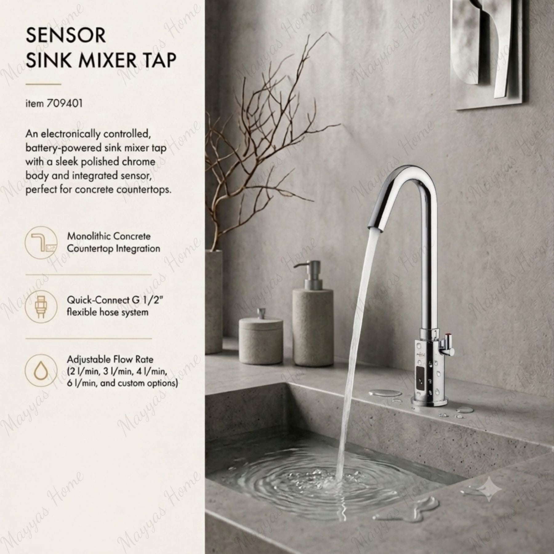 Battery-powered sensor sink mixer tap with swivel spout and premium finishes. Touchless, water-saving faucet for luxury UAE bathrooms and washrooms.