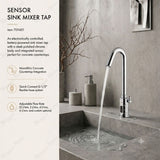 Battery-powered sensor sink mixer tap with swivel spout and premium finishes. Touchless, water-saving faucet for luxury UAE bathrooms and washrooms.