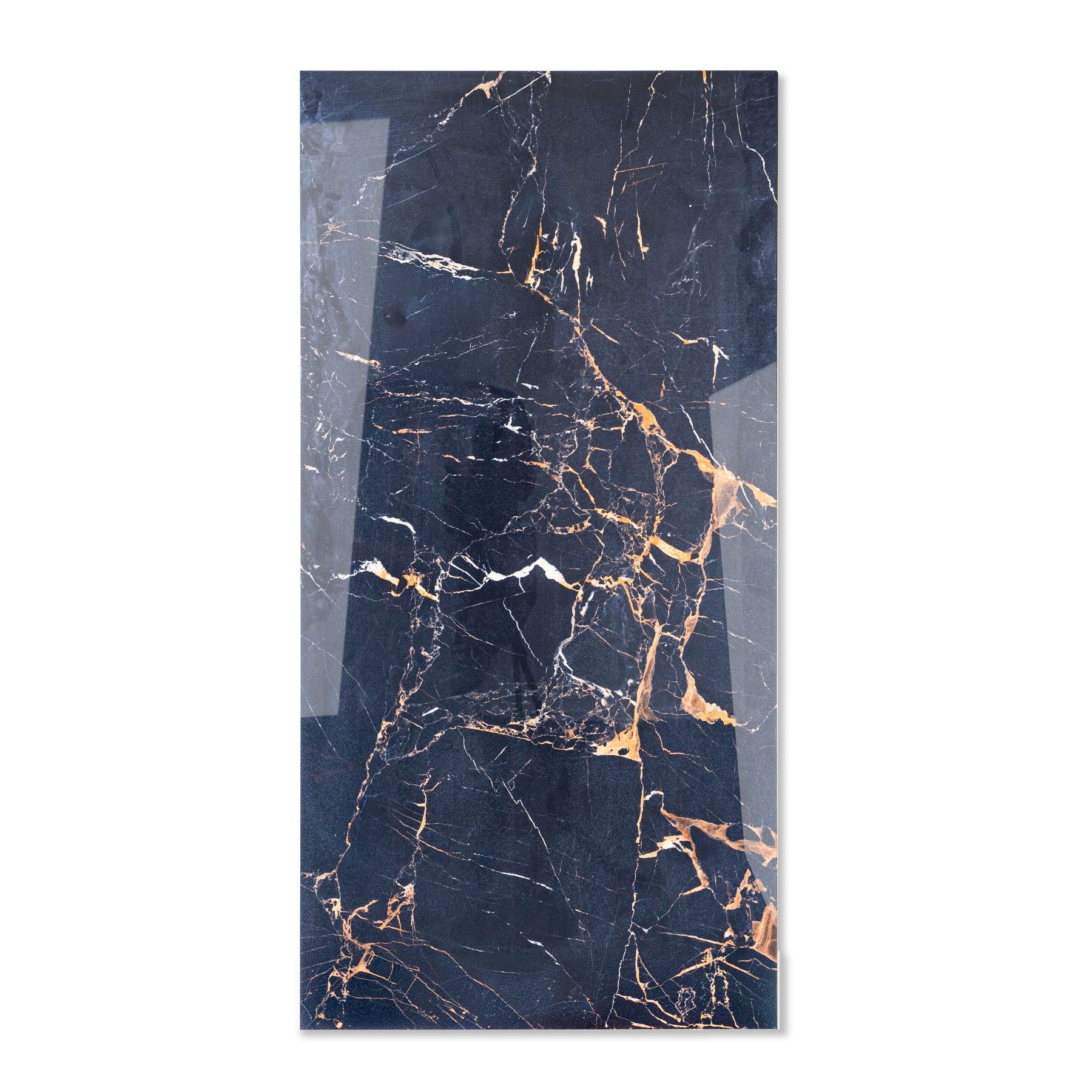 Black Wonder glossy marble effect porcelain tile 60x120cm with 9mm thickness features deep black base and polished luxury finish.