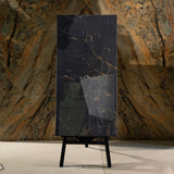 Black Wonder glossy marble effect porcelain tile 60x120cm with 9mm thickness features deep black base and polished luxury finish.