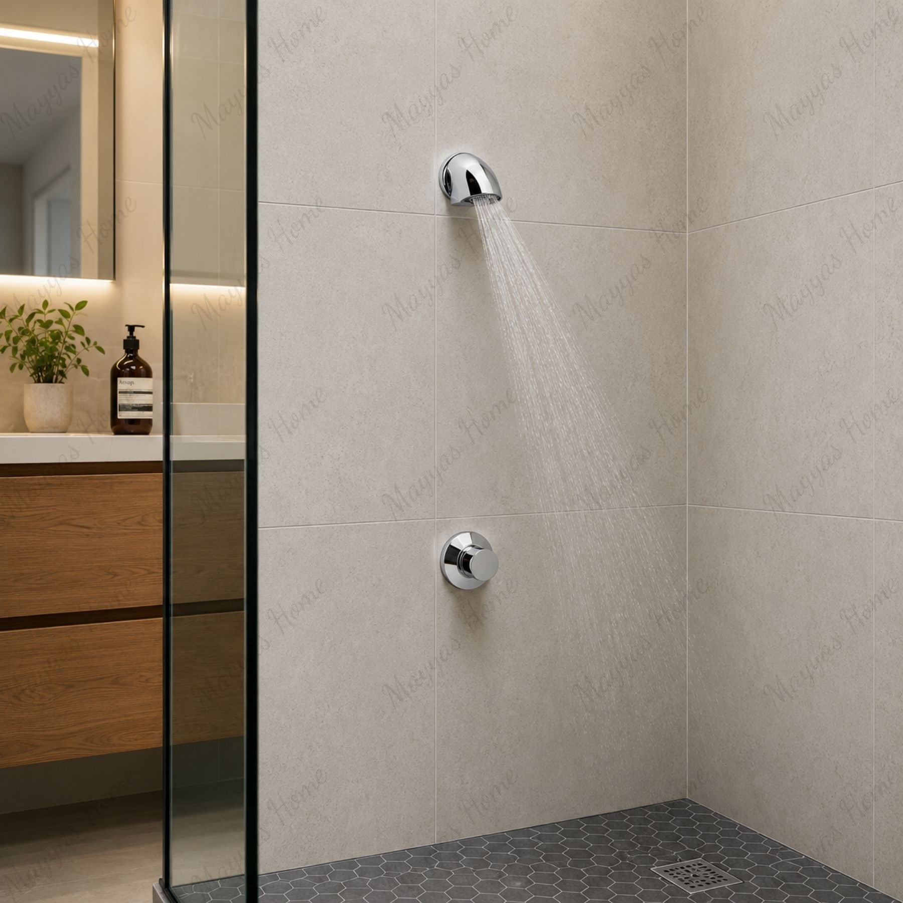 Built-in fixed jet shower head with 15–25 second timed push-button tap and G1/2 connection. Ideal for gyms, hospitals and commercial shower facilities in UAE.