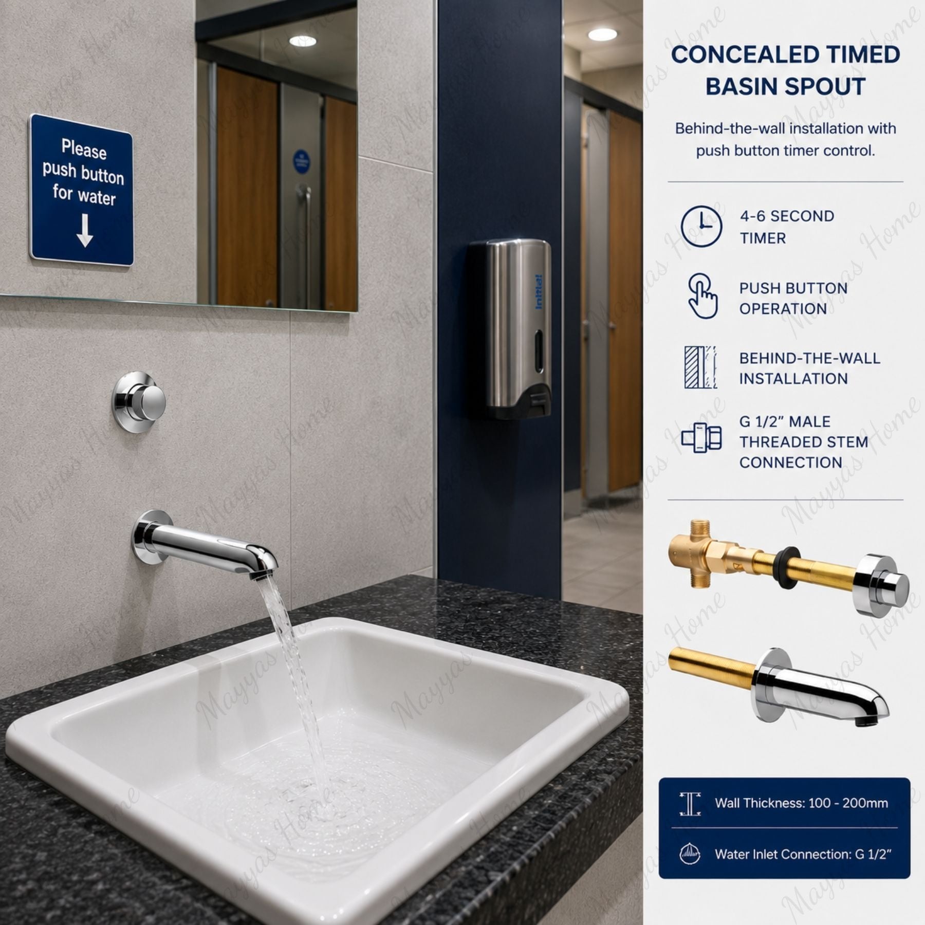 Built-in fixed washbasin spout with 4–6 second timed push-button control and G1/2 connection. Ideal for commercial, healthcare and public washrooms in UAE.