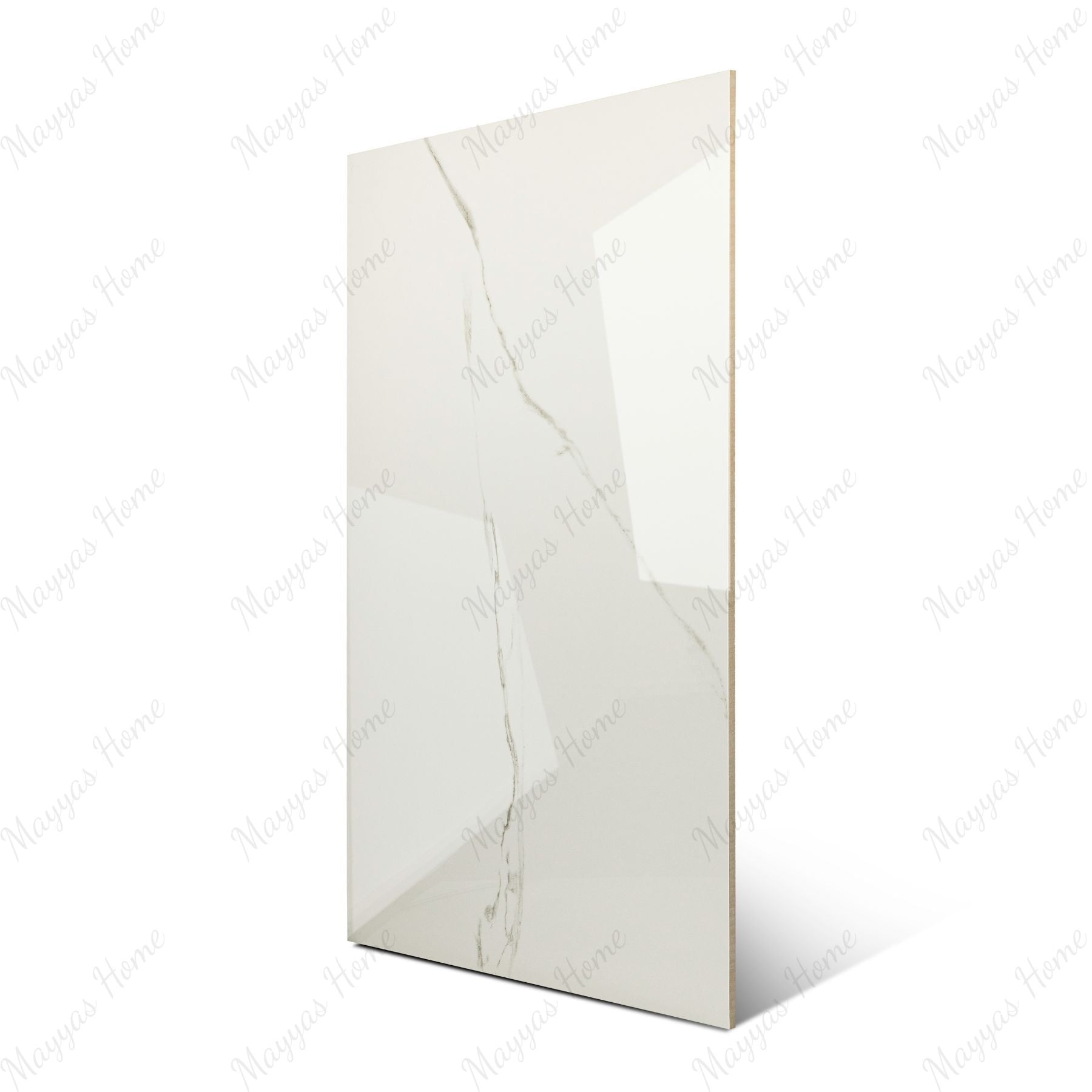 Calacatta Bianco glossy marble effect porcelain tile 60x120cm with 9mm thickness features bold veining and a refined polished finish for luxury spaces.