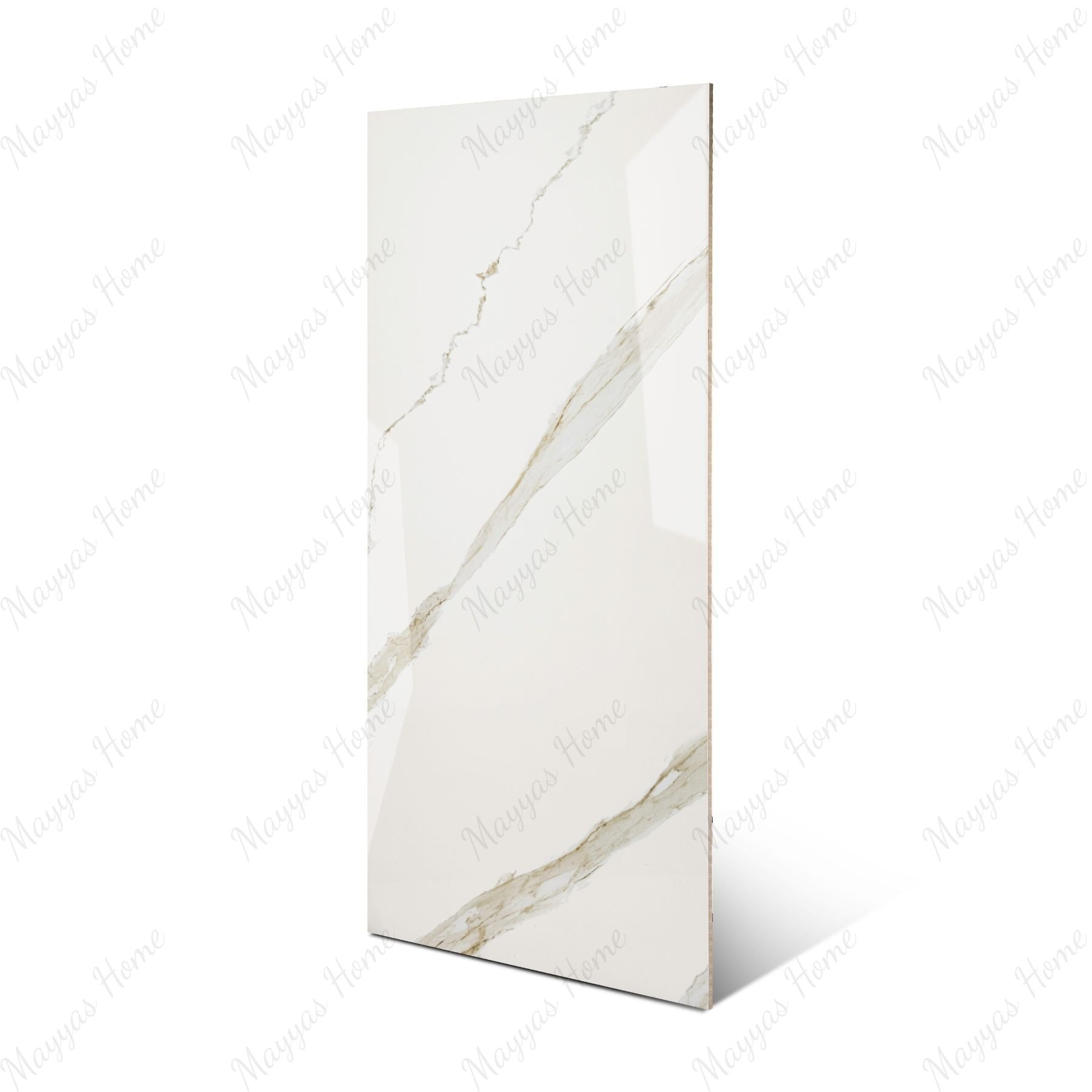 Calcatta Noir glossy marble effect porcelain tile 60x120cm with 9mm thickness features white base, bold black veining and polished finish.
