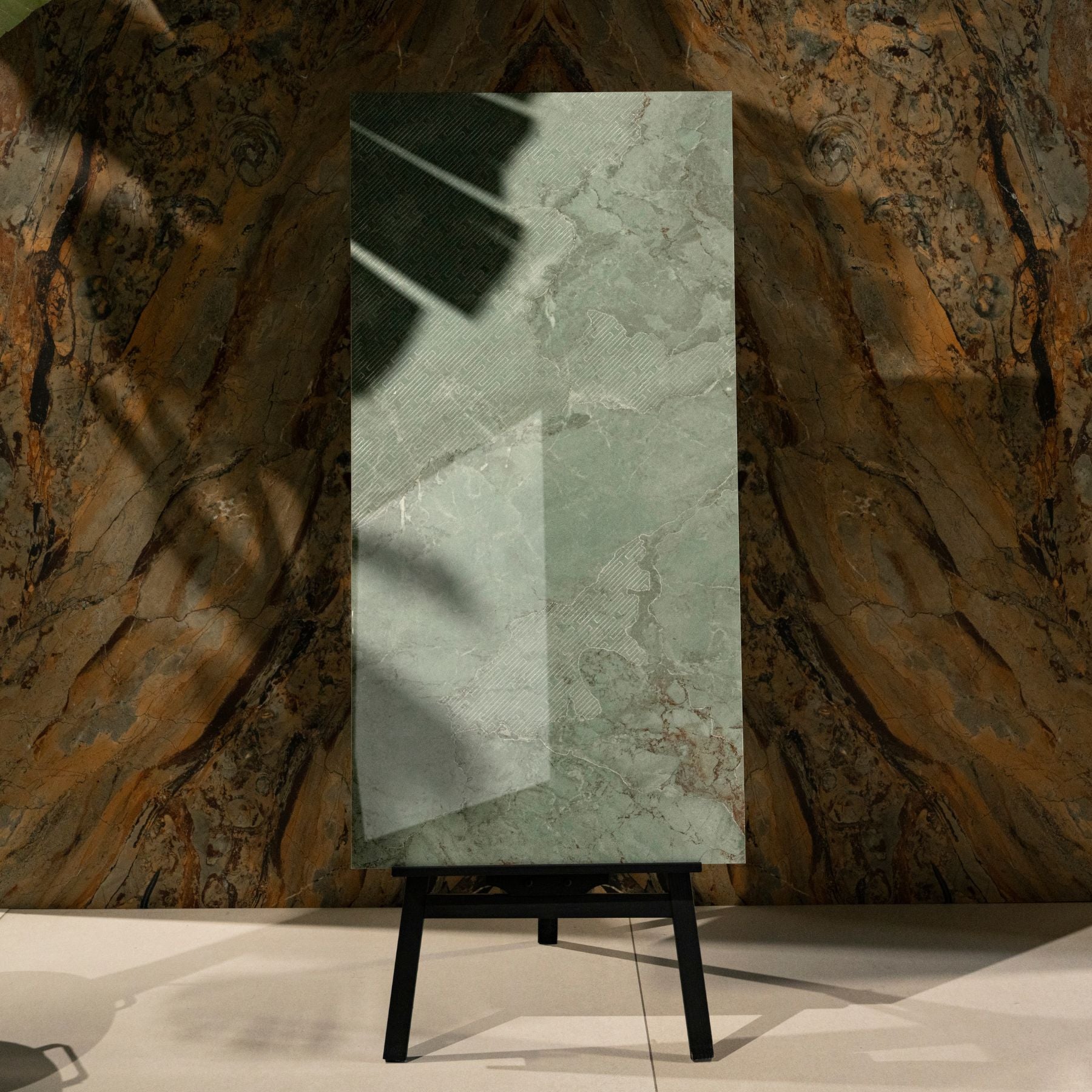 Calci Green glossy marble effect porcelain tile 60x120cm with 9mm thickness features rich green tones and a refined polished finish.