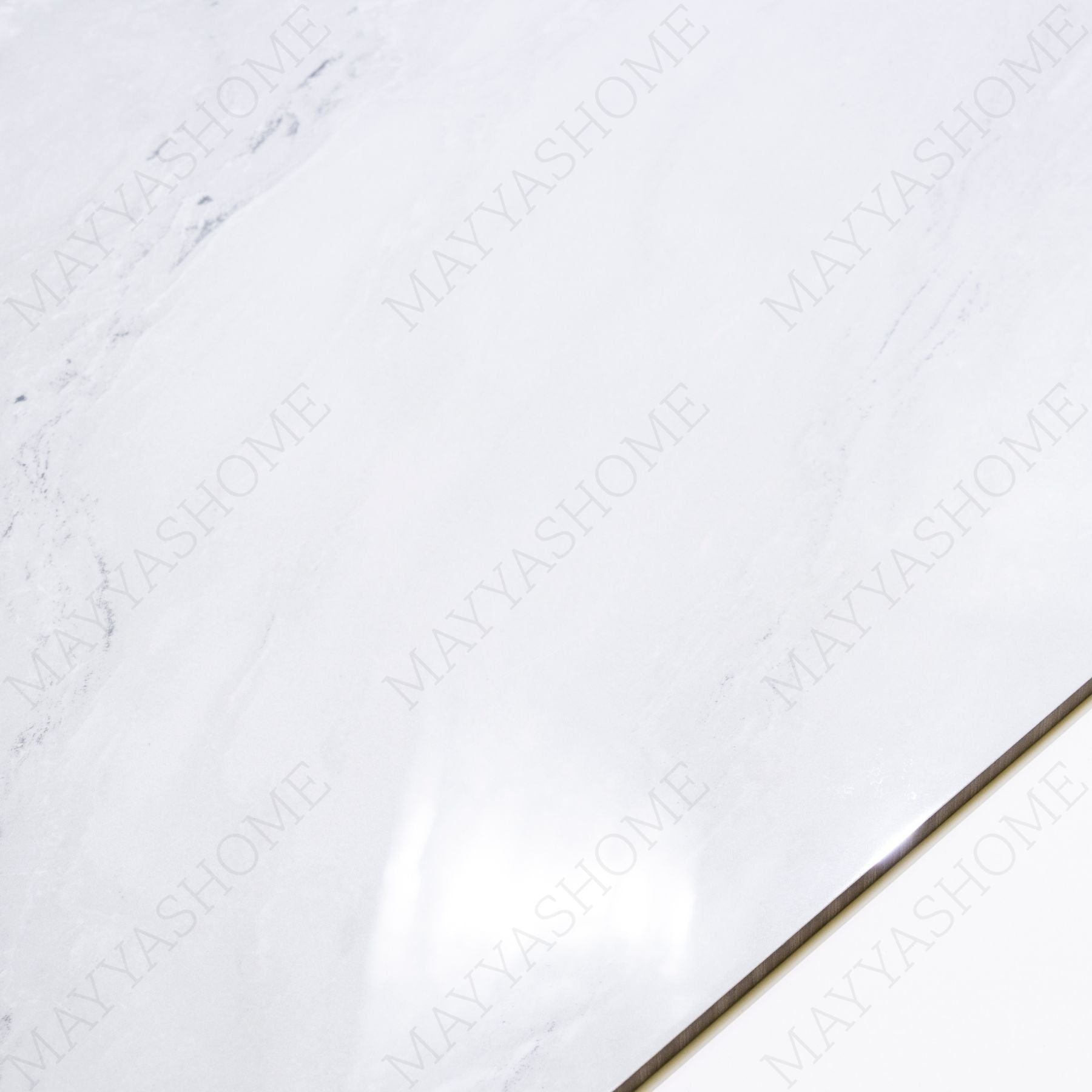 Celeste White glossy marble effect porcelain tile 60x120cm with 9mm thickness features bright white base, soft grey veins and polished finish.