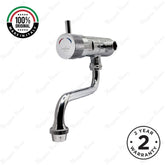 Commercial wall-mounted timed mixer tap with swivel spout, push-button activation, adjustable flow control and anti-vandal protection for UAE washrooms.